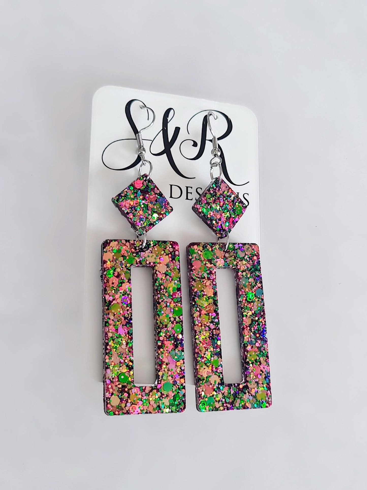 Glamour Chameleon Colour Changing Rectangle Long Dangle Earrings, Changes Green Gold to Pink Purple Glitter Resin Dangle Statement Earrings