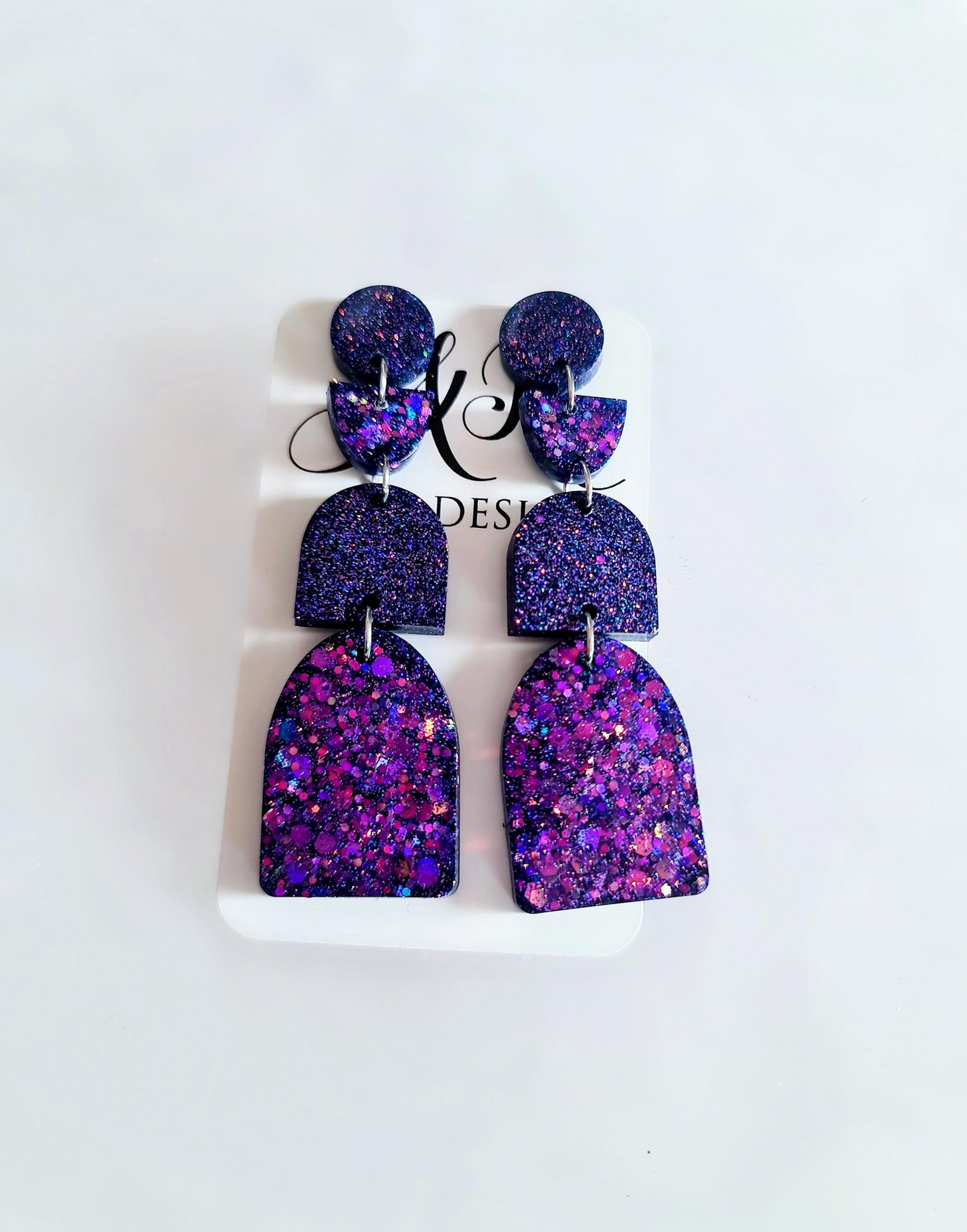 Multi Deep Purple Arch Dangle Earrings, Statement Earrings, Purple Glitter Dangle Stud Earrings