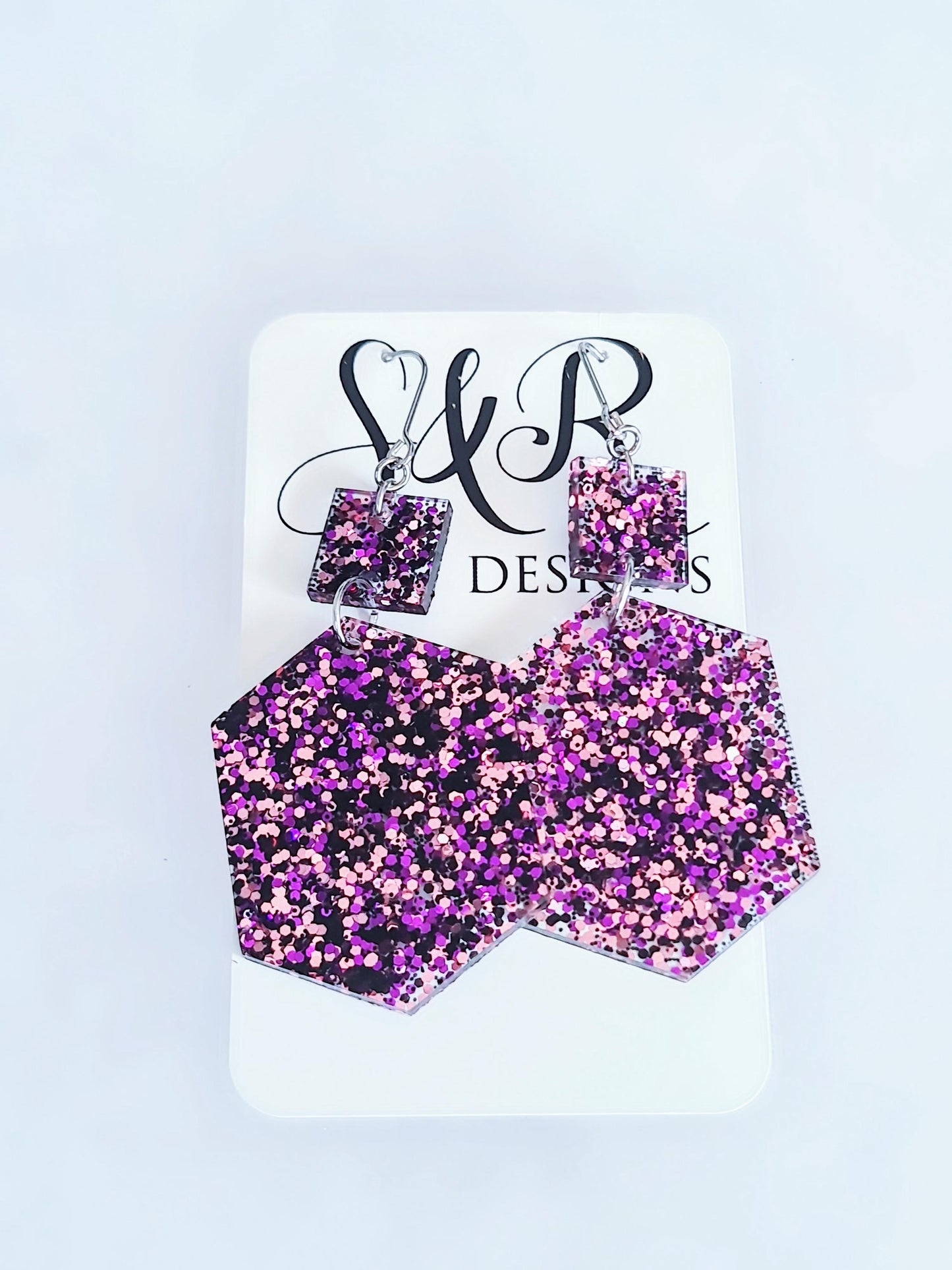 Purple Black Pink Mix Hexagon Square Dangle Drop Hook Earwire Earrings, Glitter Resin Handmade Dangles, Statement Hypoallergenic Earrings
