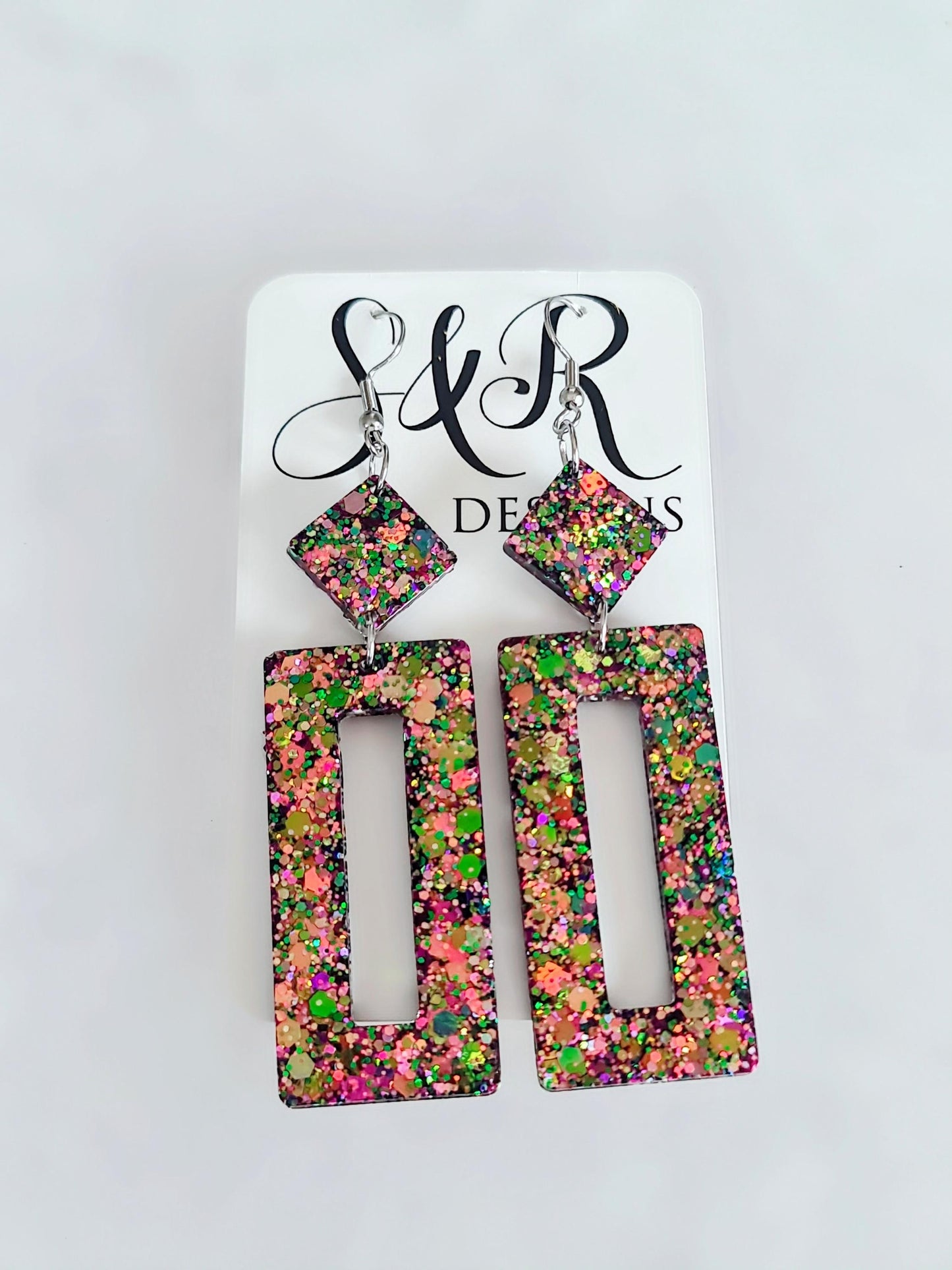 Glamour Chameleon Colour Changing Rectangle Long Dangle Earrings, Changes Green Gold to Pink Purple Glitter Resin Dangle Statement Earrings
