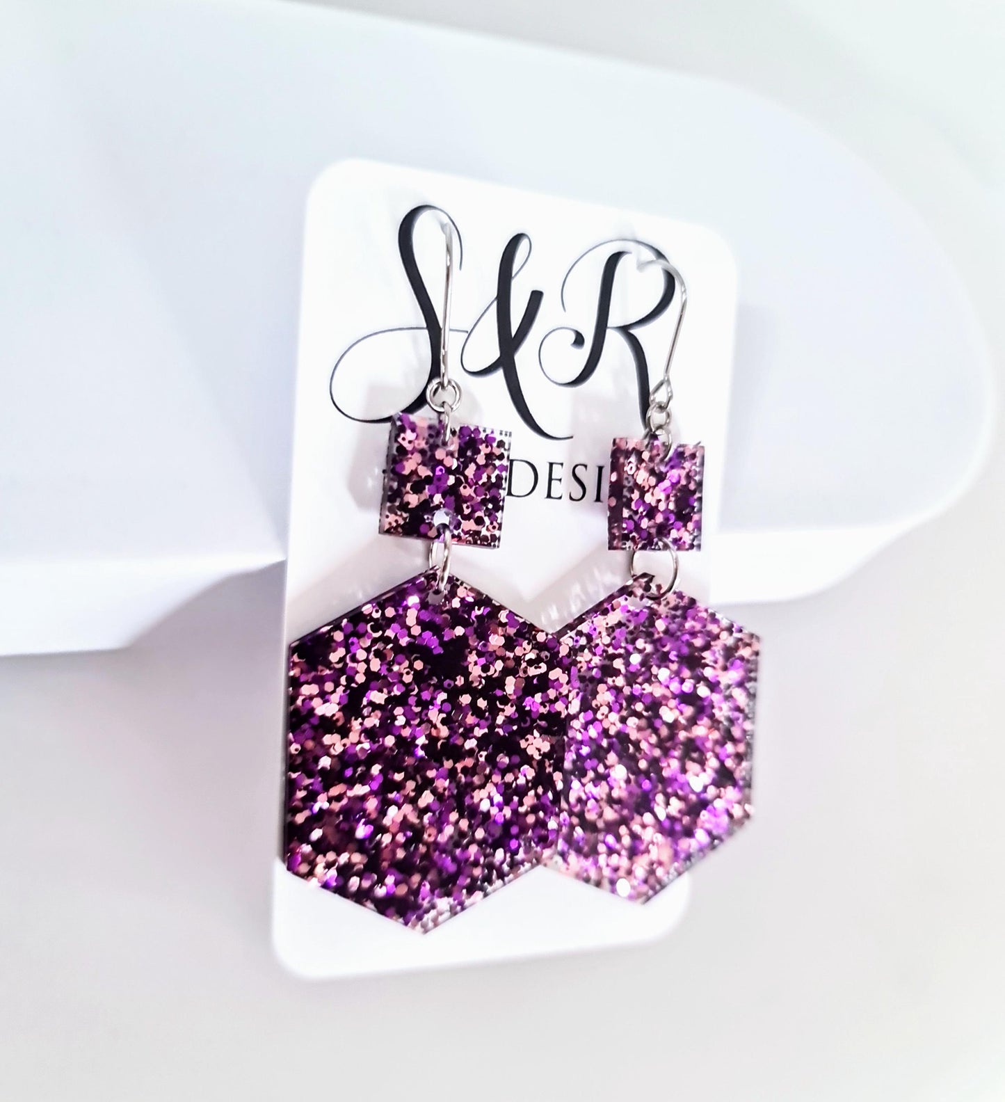Purple Black Pink Mix Hexagon Square Dangle Drop Hook Earwire Earrings, Glitter Resin Handmade Dangles, Statement Hypoallergenic Earrings
