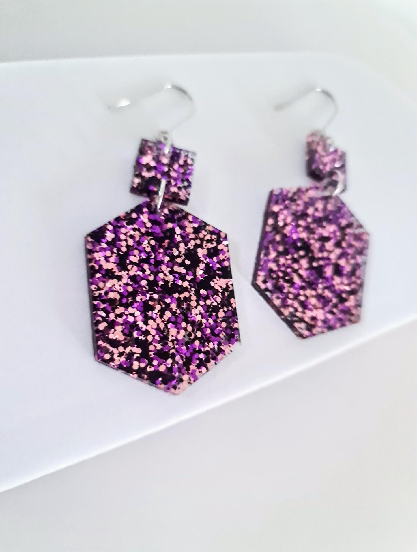 Purple Black Pink Mix Hexagon Square Dangle Drop Hook Earwire Earrings, Glitter Resin Handmade Dangles, Statement Hypoallergenic Earrings