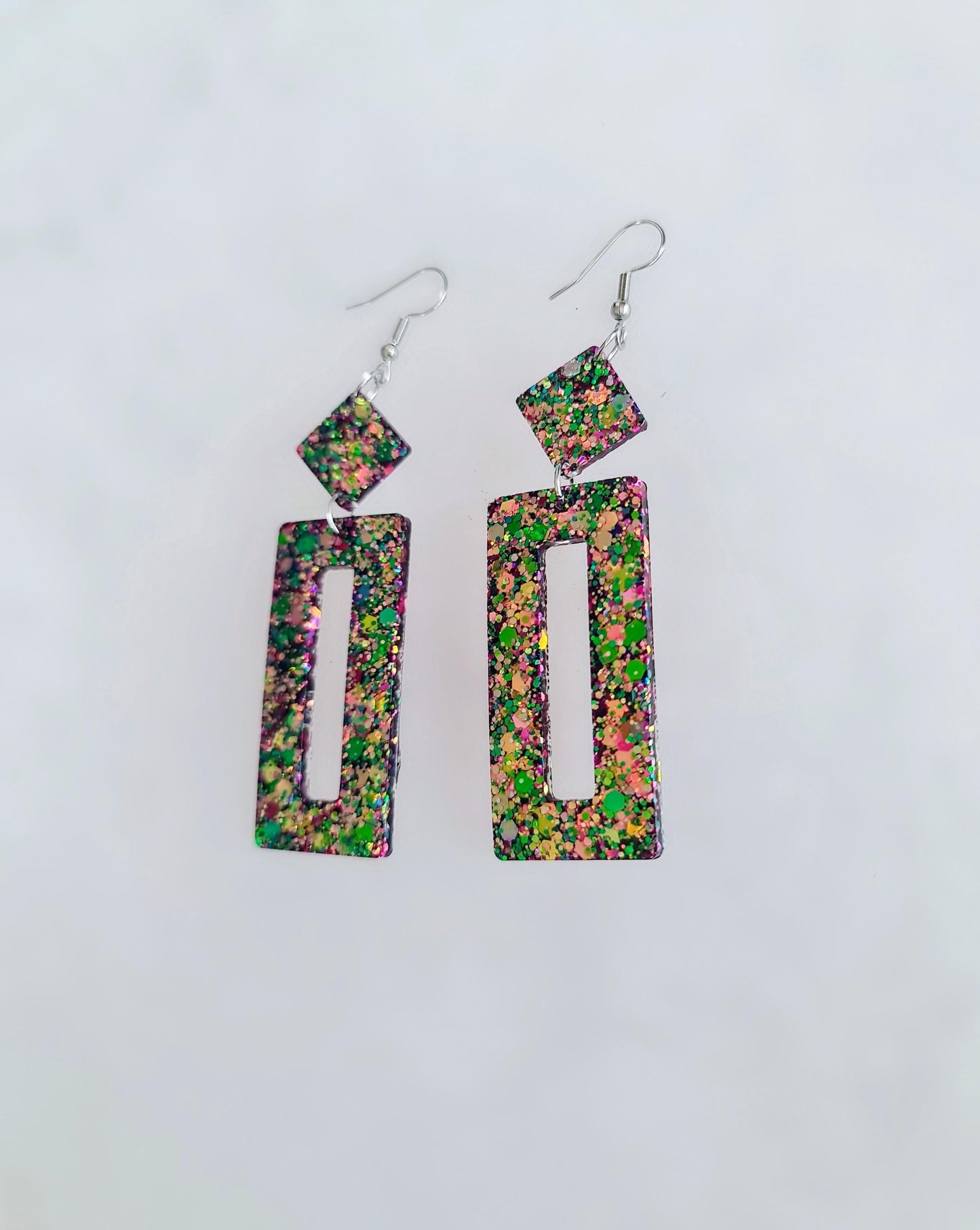 Glamour Chameleon Colour Changing Rectangle Long Dangle Earrings, Changes Green Gold to Pink Purple Glitter Resin Dangle Statement Earrings
