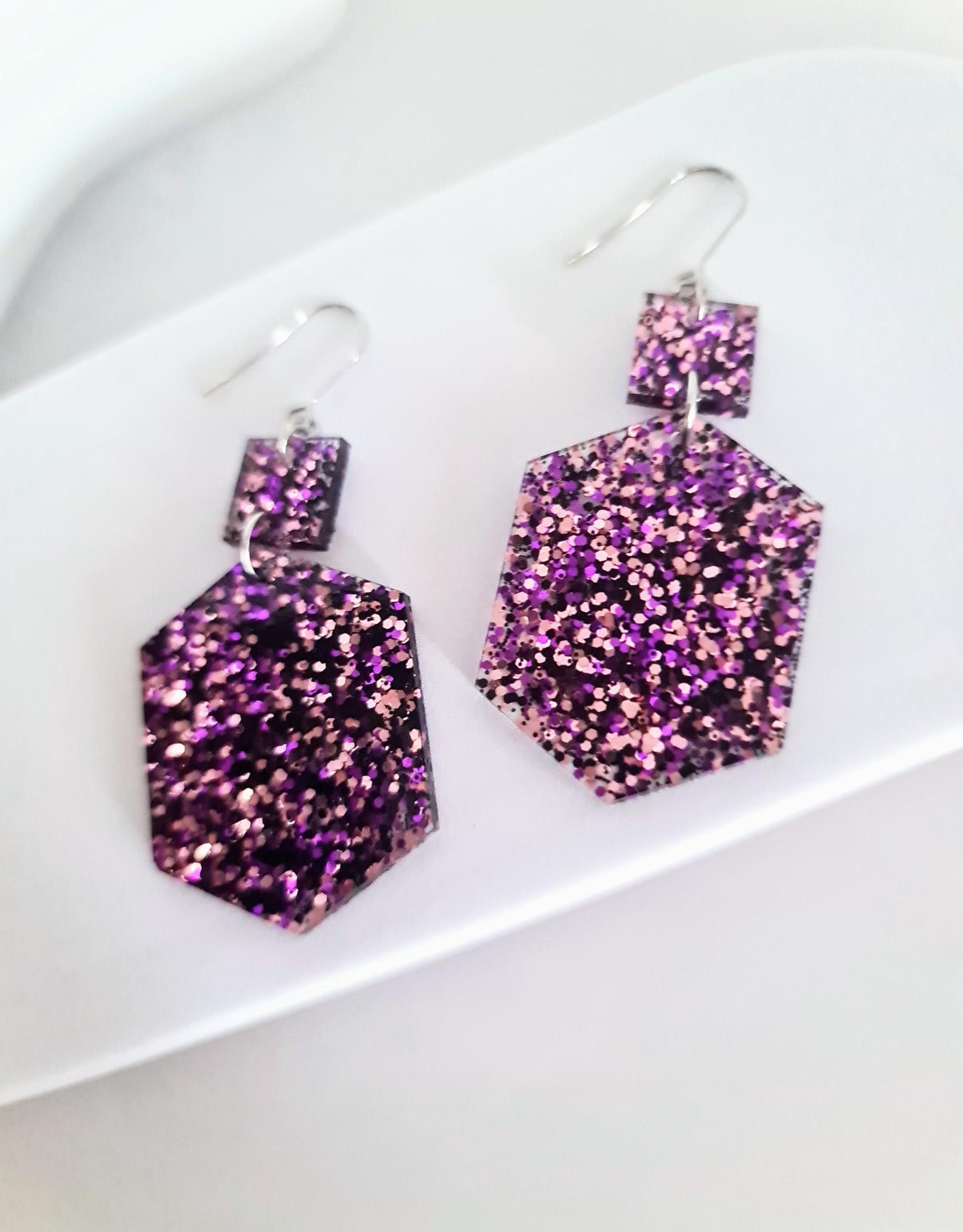 Purple Black Pink Mix Hexagon Square Dangle Drop Hook Earwire Earrings, Glitter Resin Handmade Dangles, Statement Hypoallergenic Earrings