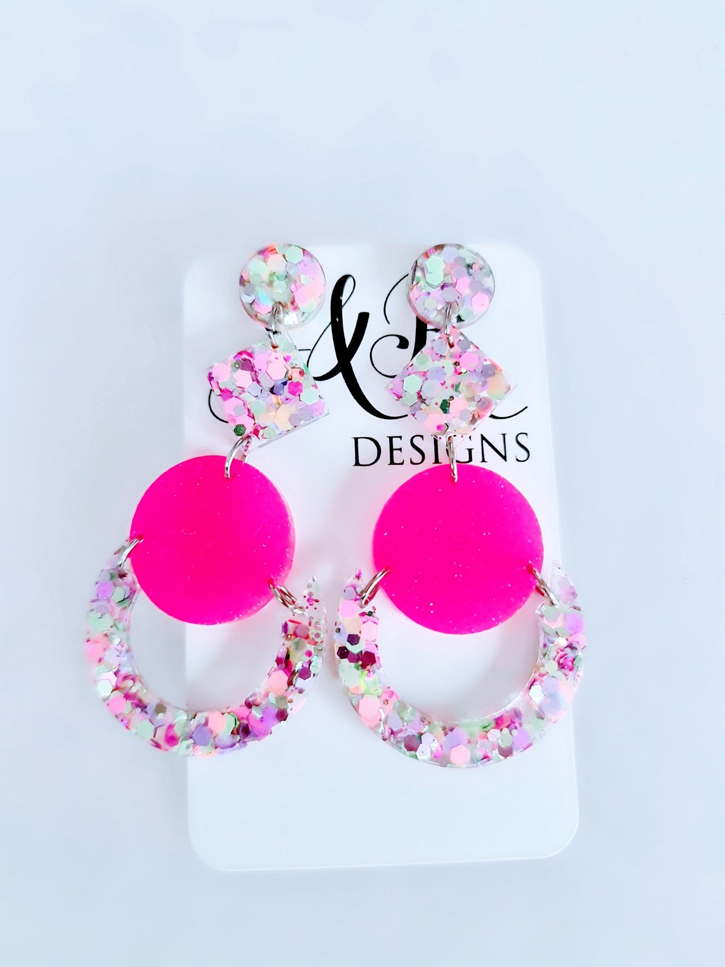 Multicoloured Pink Oversized Long Earrings, Glitter Extra Super Long Circle Geometric Maximalist Dangles, Statement Earrings