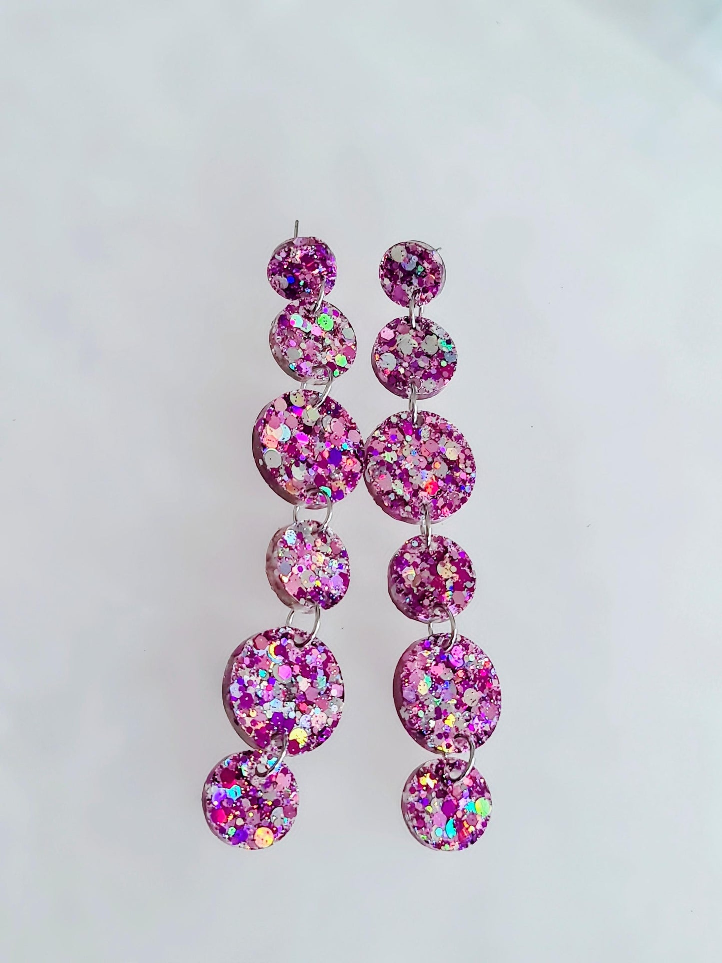 Holographic Glitter Extra Super Long Circle Dangle Statement Earrings, Purple, Mix Pink Silver Shoulder Duster Earrings 12.5cm long
