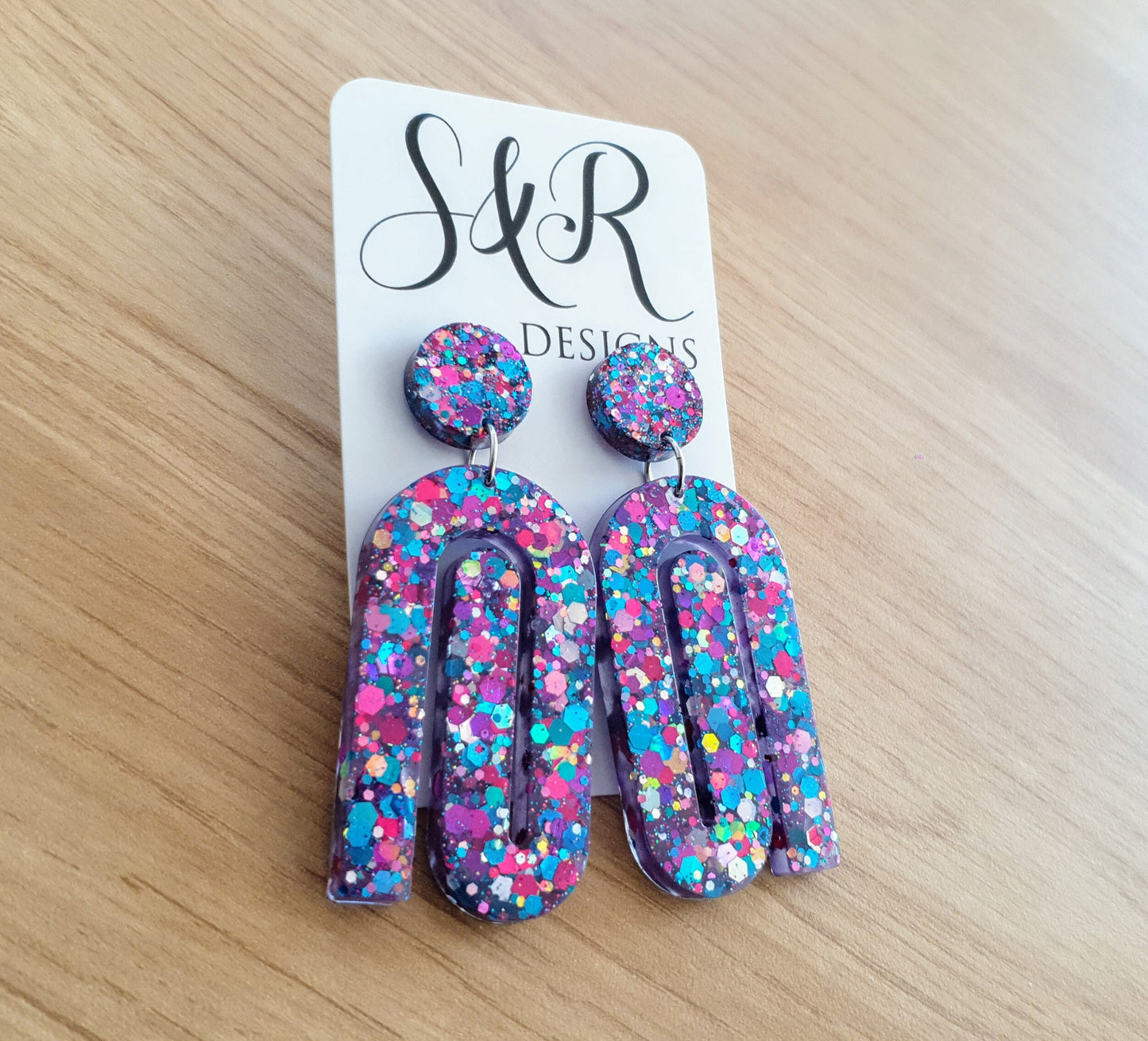 Multicoloured Large Paperclip Dangle Drop Earrings, Statement Handmade Resin Gift, Maximalist Stainless Steel Dangles.