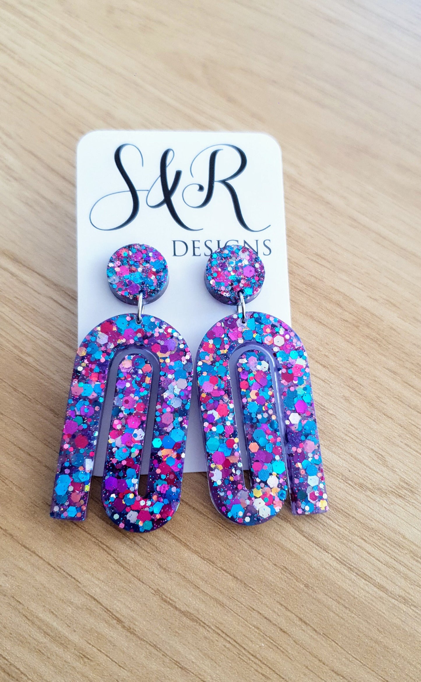 Multicoloured Large Paperclip Dangle Drop Earrings, Statement Handmade Resin Gift, Maximalist Stainless Steel Dangles.