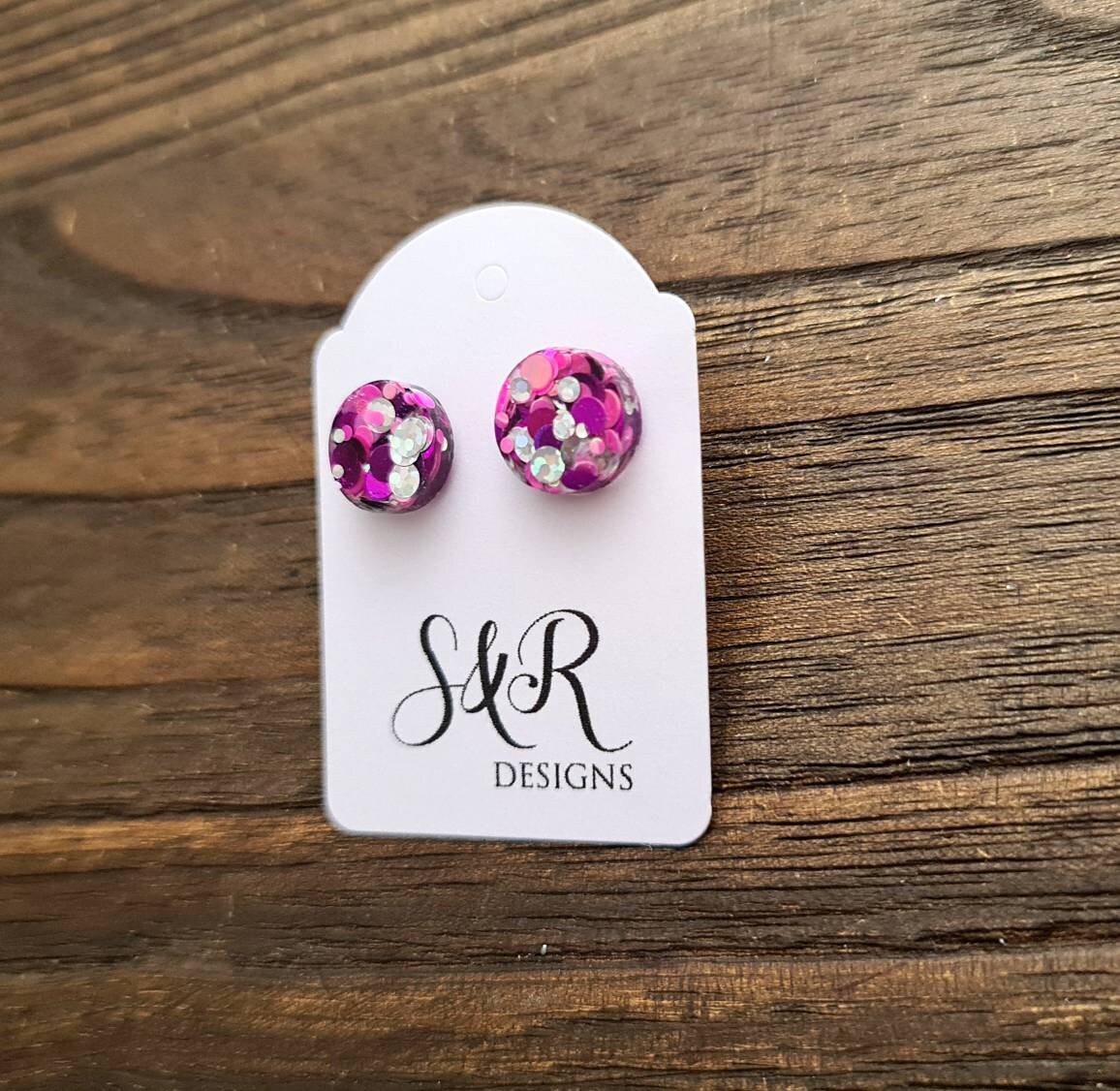 Circle Dot Resin Stud Earrings, Purple Hot Pink Holographic Silver Glitter Earrings. Stainless Steel Stud Earrings. 15mm, 12mm, 10mm or 8mm