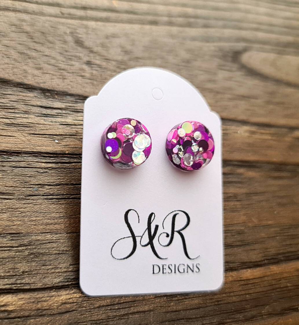 Circle Dot Resin Stud Earrings, Purple Hot Pink Holographic Silver Glitter Earrings. Stainless Steel Stud Earrings. 15mm, 12mm, 10mm or 8mm