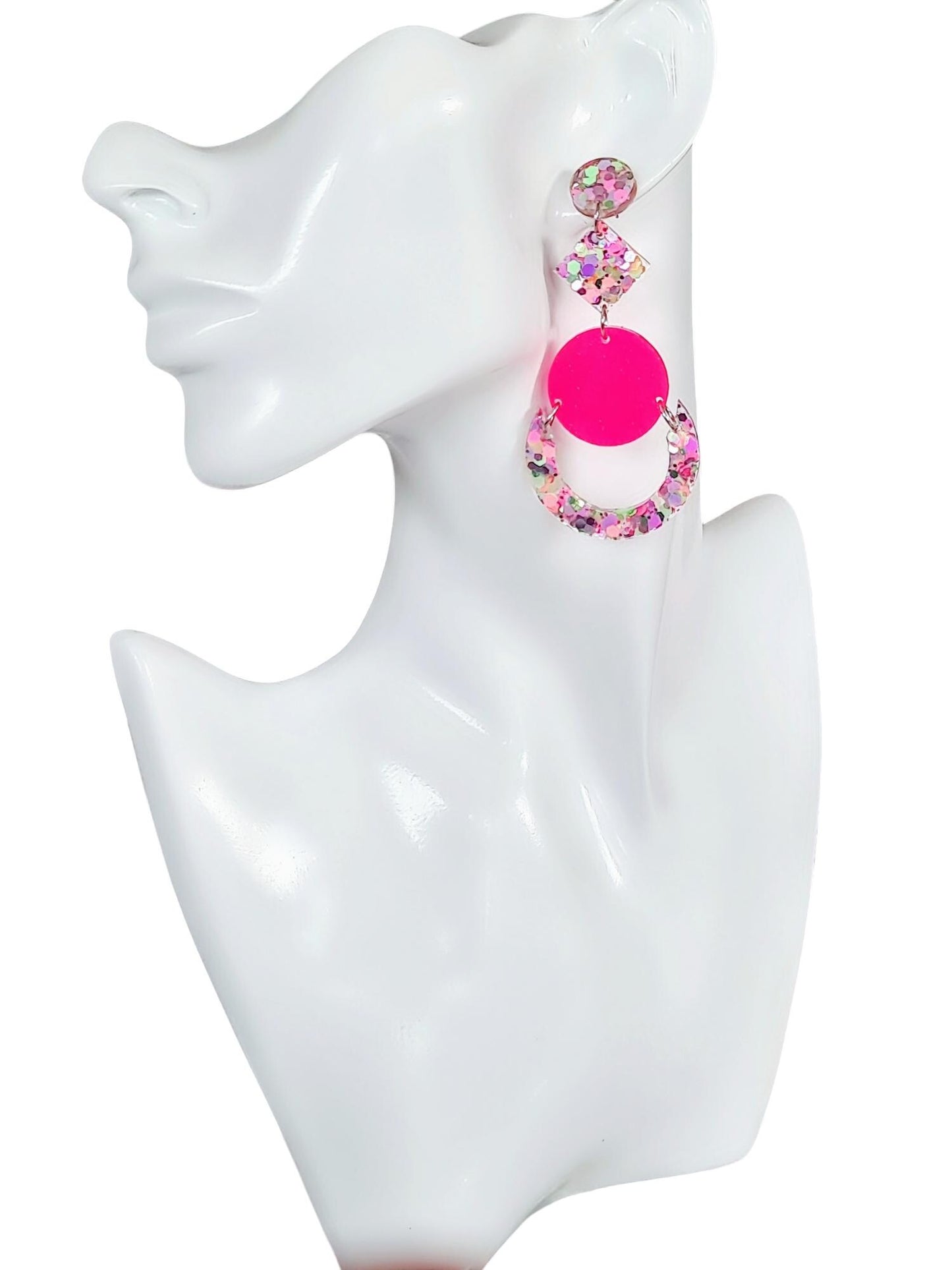 Multicoloured Pink Oversized Long Earrings, Glitter Extra Super Long Circle Geometric Maximalist Dangles, Statement Earrings