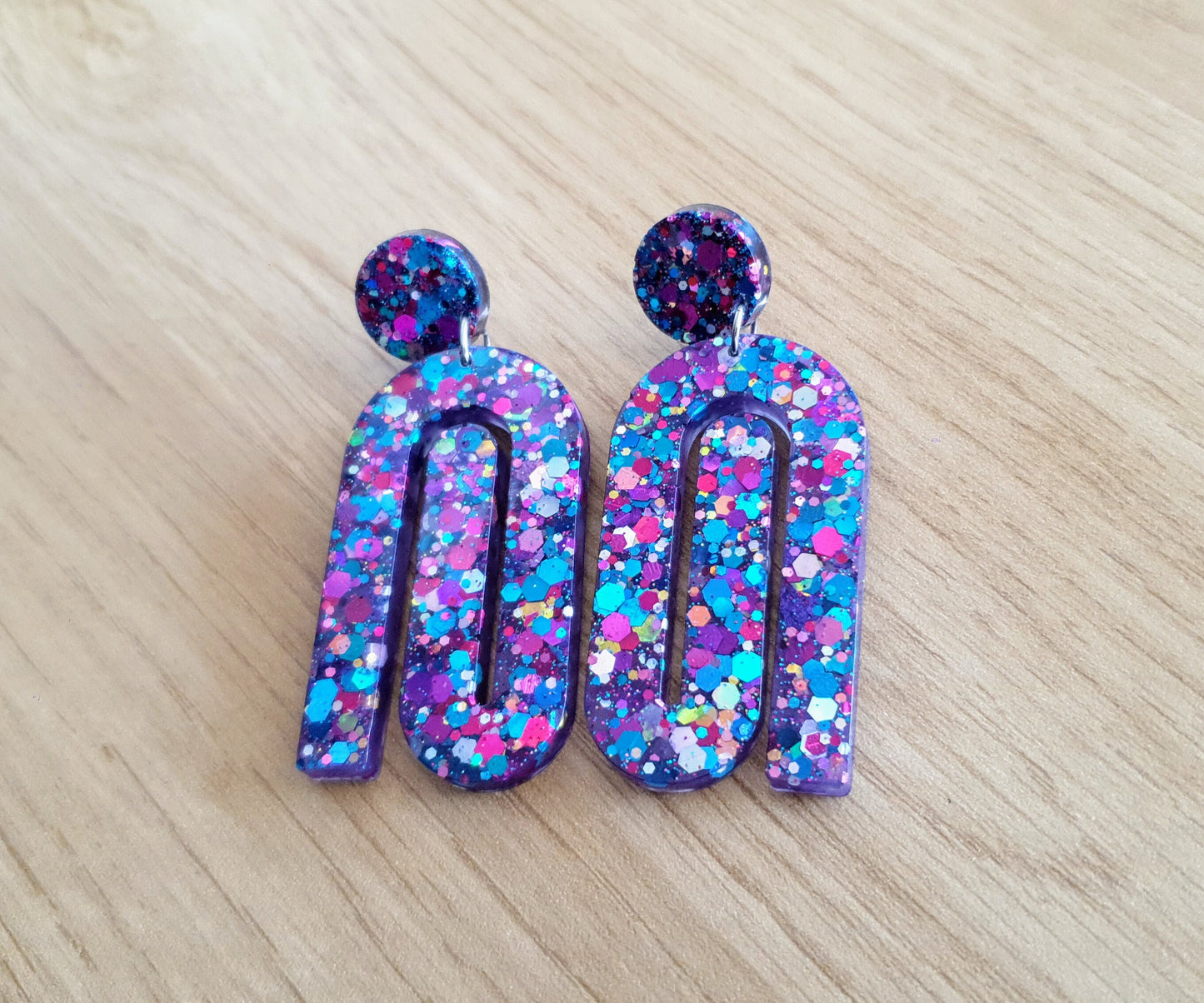 Multicoloured Large Paperclip Dangle Drop Earrings, Statement Handmade Resin Gift, Maximalist Stainless Steel Dangles.