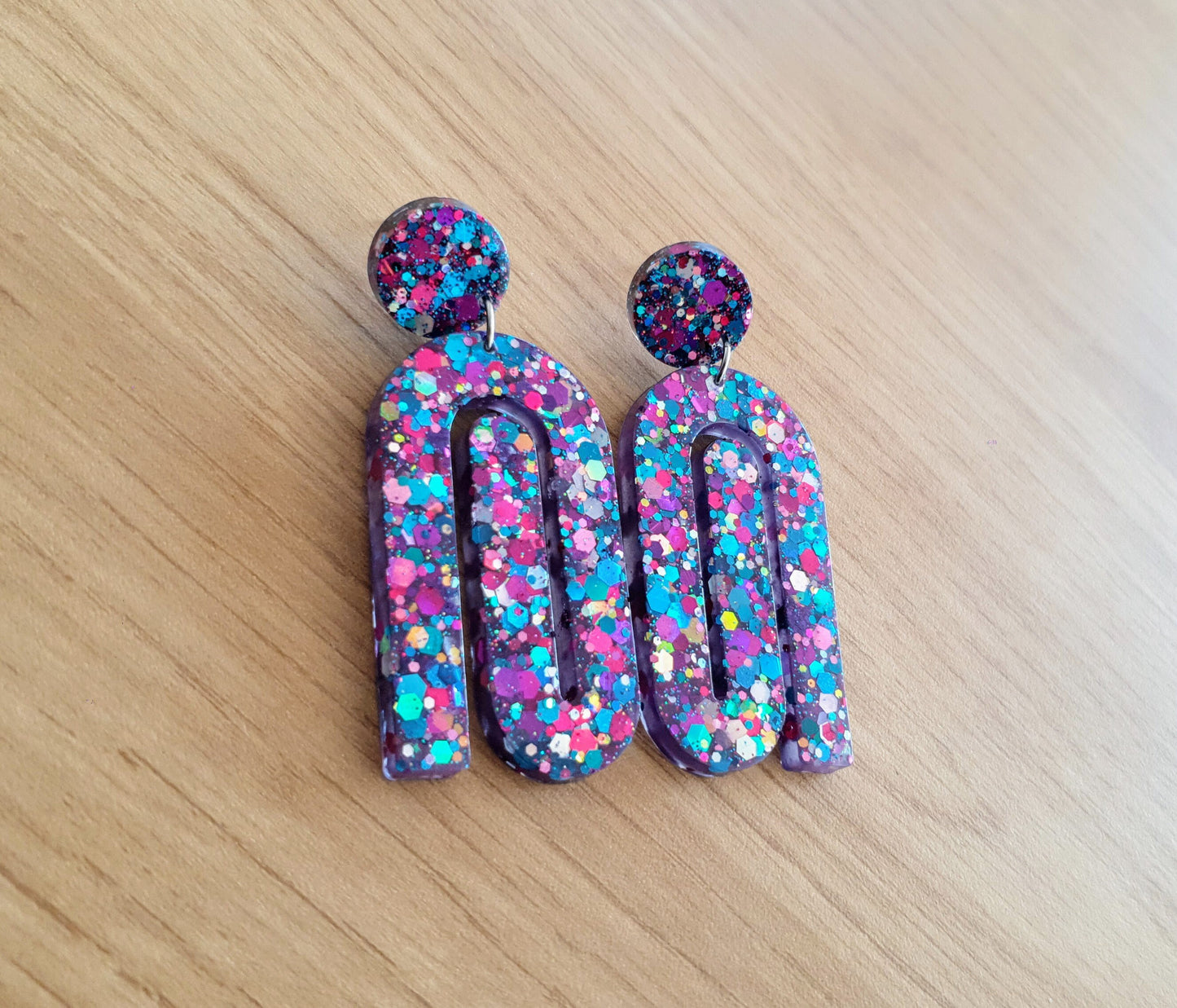 Multicoloured Large Paperclip Dangle Drop Earrings, Statement Handmade Resin Gift, Maximalist Stainless Steel Dangles.