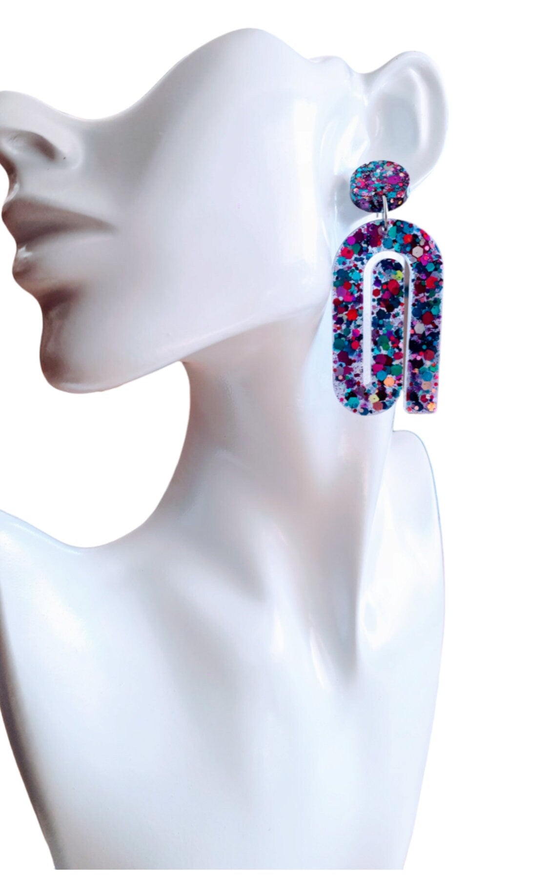 Multicoloured Large Paperclip Dangle Drop Earrings, Statement Handmade Resin Gift, Maximalist Stainless Steel Dangles.