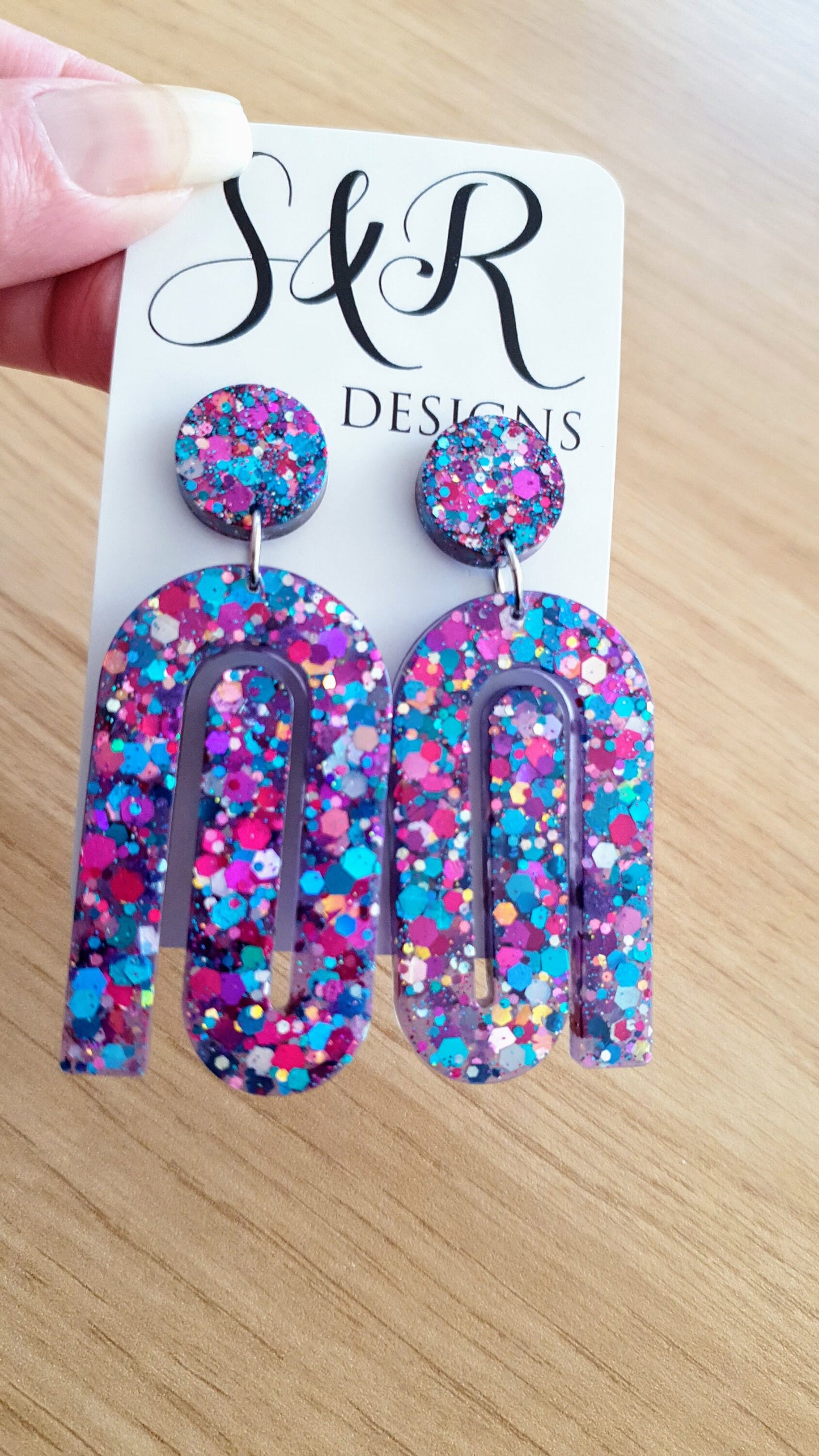 Multicoloured Large Paperclip Dangle Drop Earrings, Statement Handmade Resin Gift, Maximalist Stainless Steel Dangles.