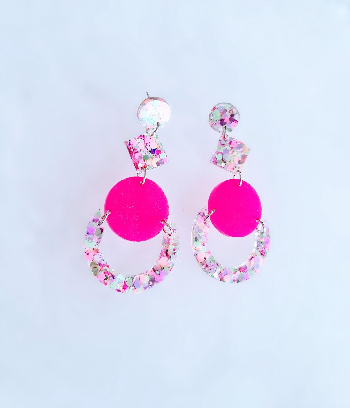 Multicoloured Pink Oversized Long Earrings, Glitter Extra Super Long Circle Geometric Maximalist Dangles, Statement Earrings