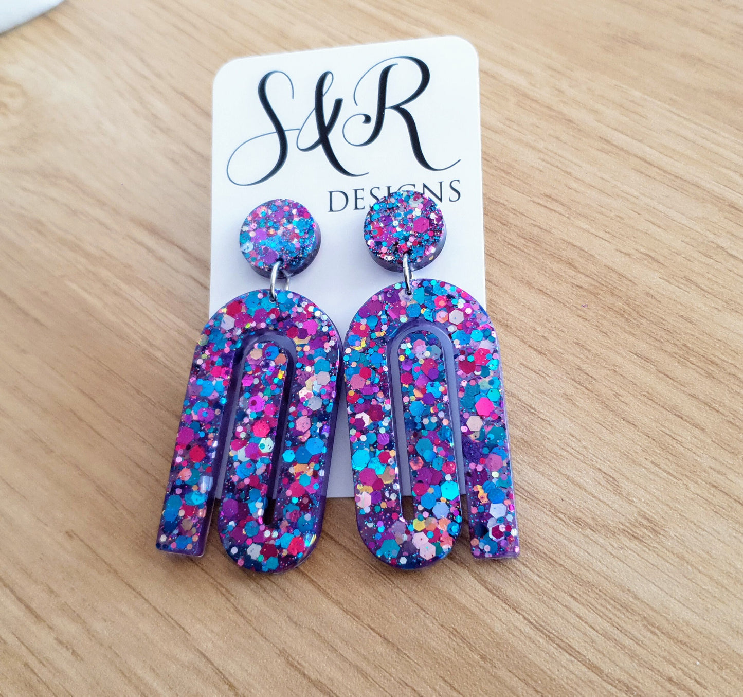 Multicoloured Large Paperclip Dangle Drop Earrings, Statement Handmade Resin Gift, Maximalist Stainless Steel Dangles.