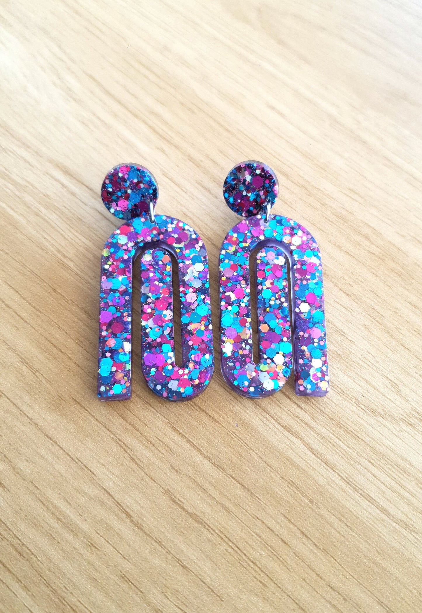 Multicoloured Large Paperclip Dangle Drop Earrings, Statement Handmade Resin Gift, Maximalist Stainless Steel Dangles.