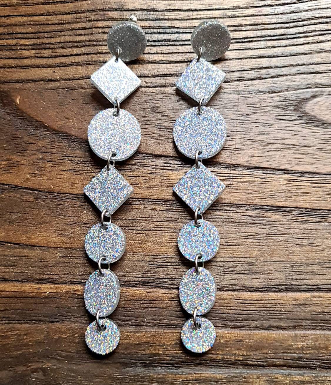 Silver Holographic Glitter Extra Super Long Circle Diamond Dangle Statement Shoulder Duster Earrings 12.5cm long