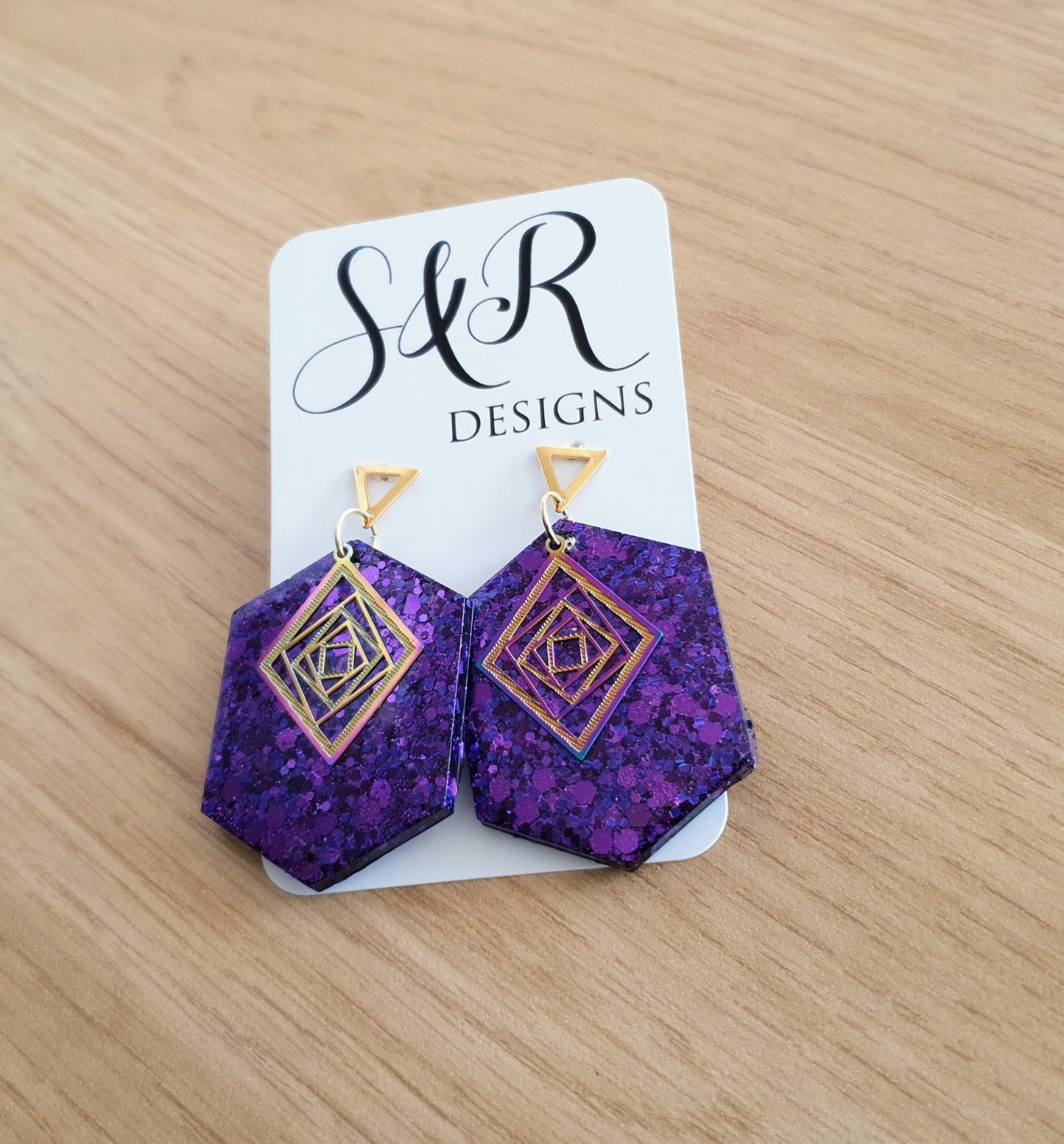 Purple Hexagon with Gold Triangle Dangle Drop Earrings, Resin Handmade with Gold Stainless Steel Stud Earrings, Statement Earrings, Gift