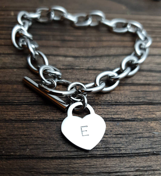 Popular Toggle Bracelet Personalised Heart Charm. Hand Stamped Family Initials
