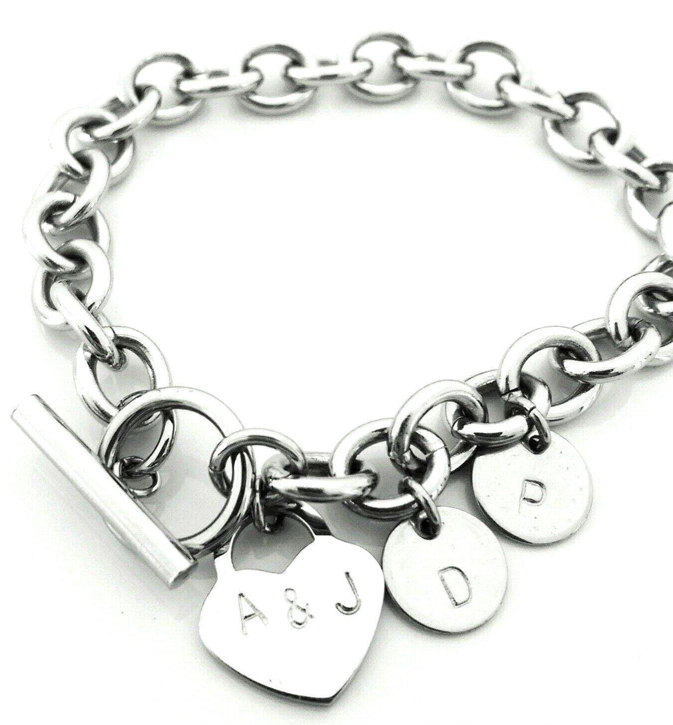 Popular Toggle Bracelet Personalised Heart Charm. Hand Stamped Family Initials