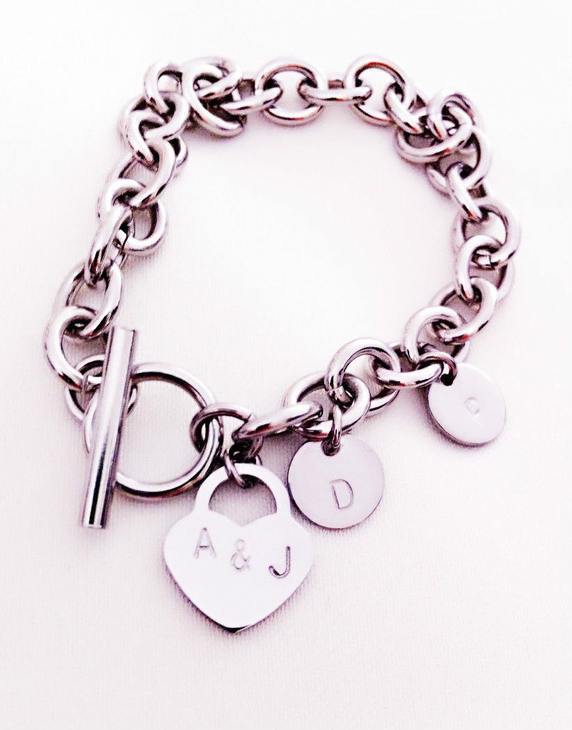 Popular Toggle Bracelet Personalised Heart Charm. Hand Stamped Family Initials