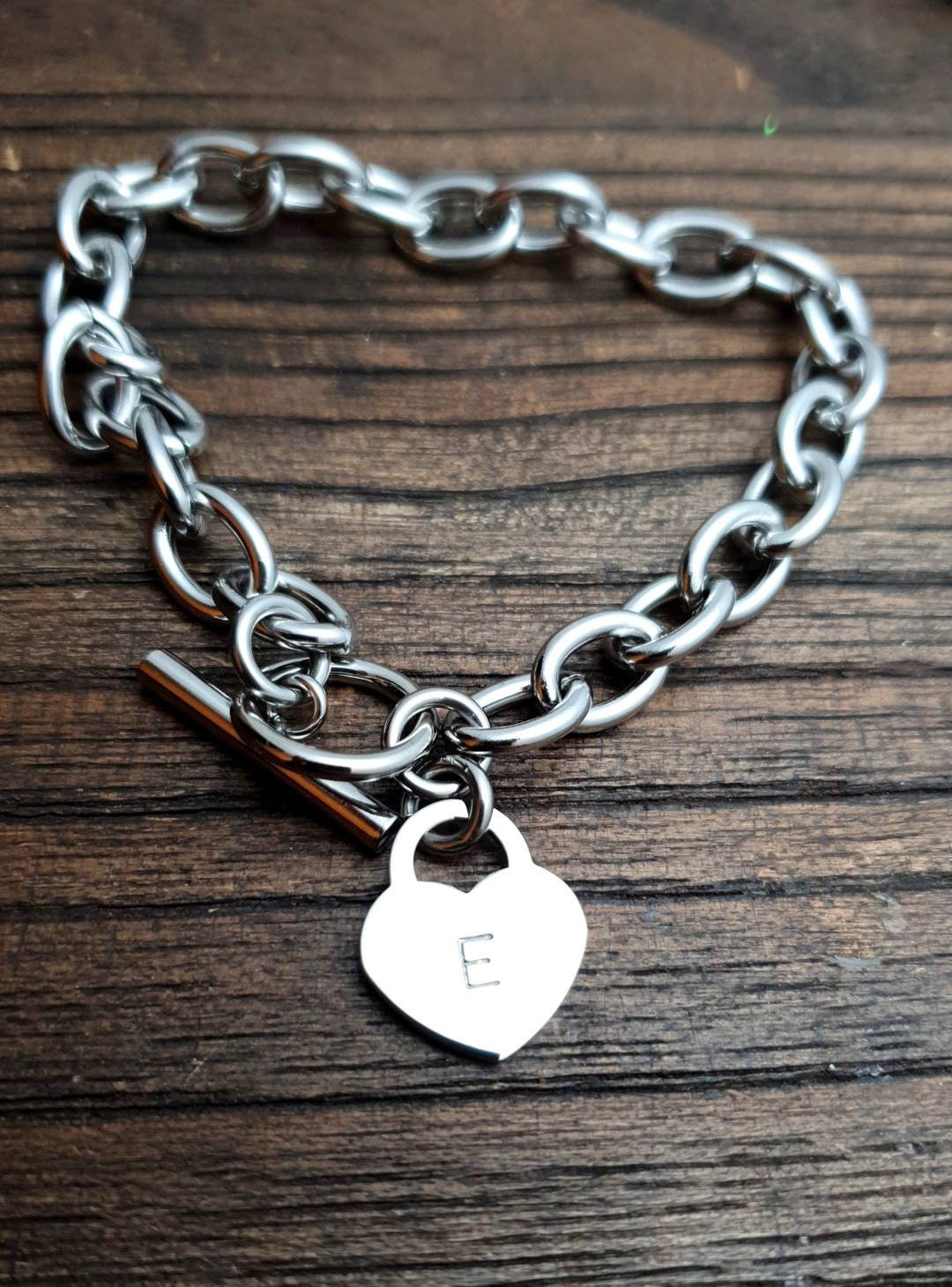 Popular Toggle Bracelet Personalised Heart Charm. Hand Stamped Family Initials