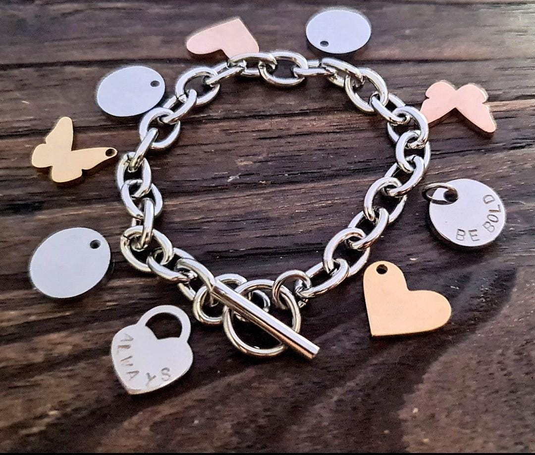 Popular Toggle Bracelet Personalised Heart Charm. Hand Stamped Family Initials