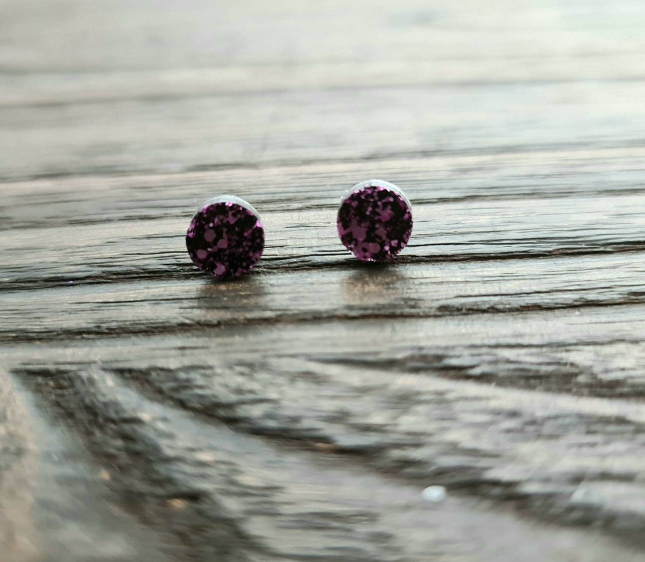 Purple Circle Dot Resin Stud Earrings, Pink Black Glitter Earrings. Stainless Steel Stud Earrings. 12mm, 10mm or 8mm