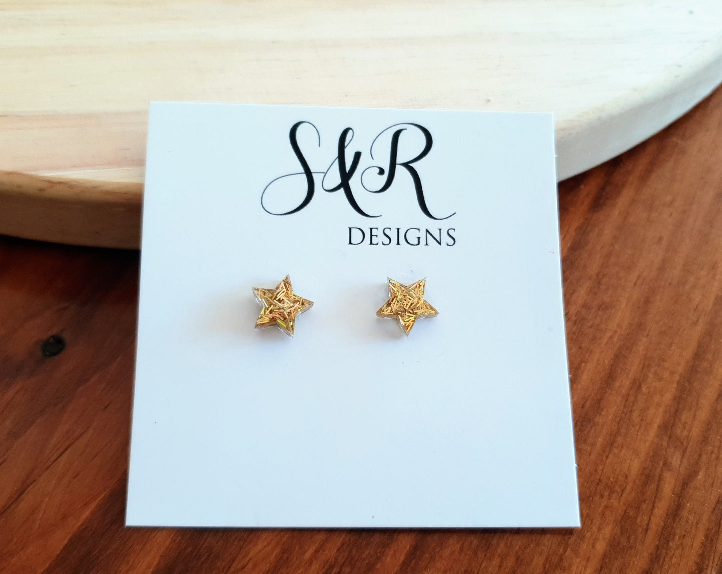 Gold Star Stud Earrings, Holographic Mix Glitter. Stainless Steel Minimalist Jewellery.