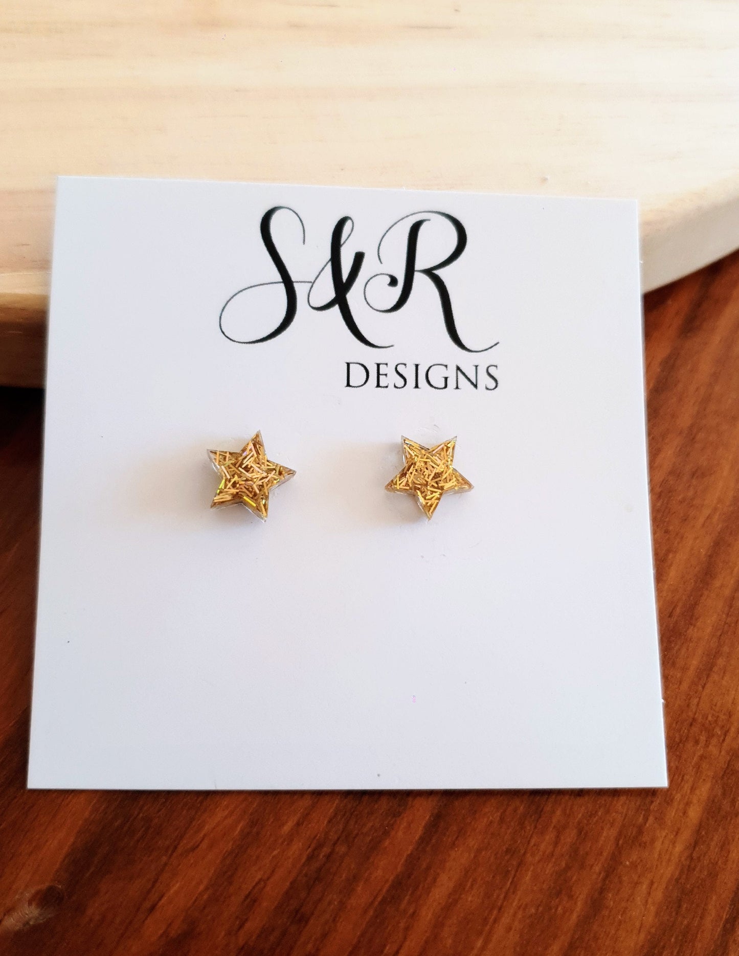 Gold Star Stud Earrings, Holographic Mix Glitter. Stainless Steel Minimalist Jewellery.