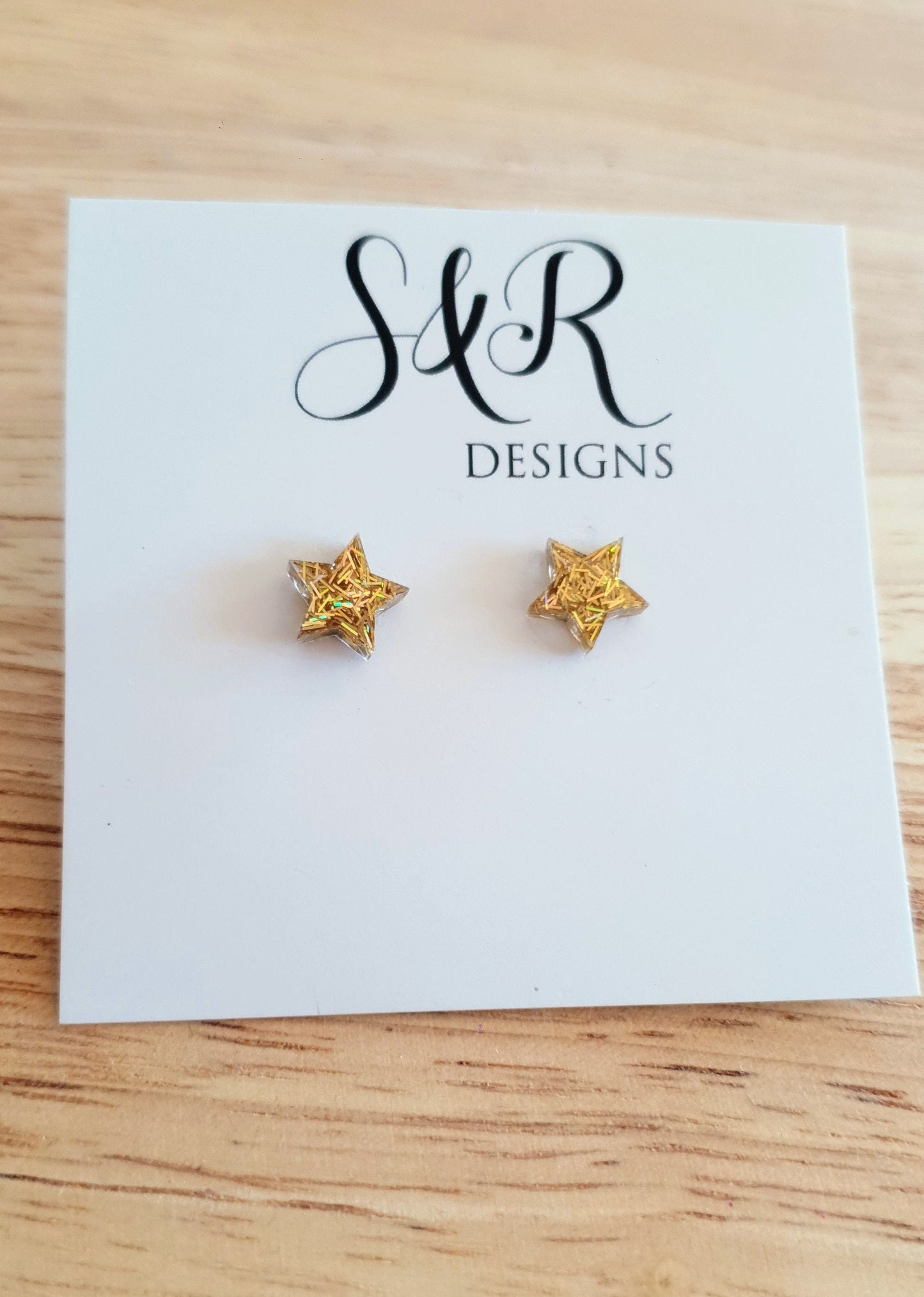 Gold Star Stud Earrings, Holographic Mix Glitter. Stainless Steel Minimalist Jewellery.