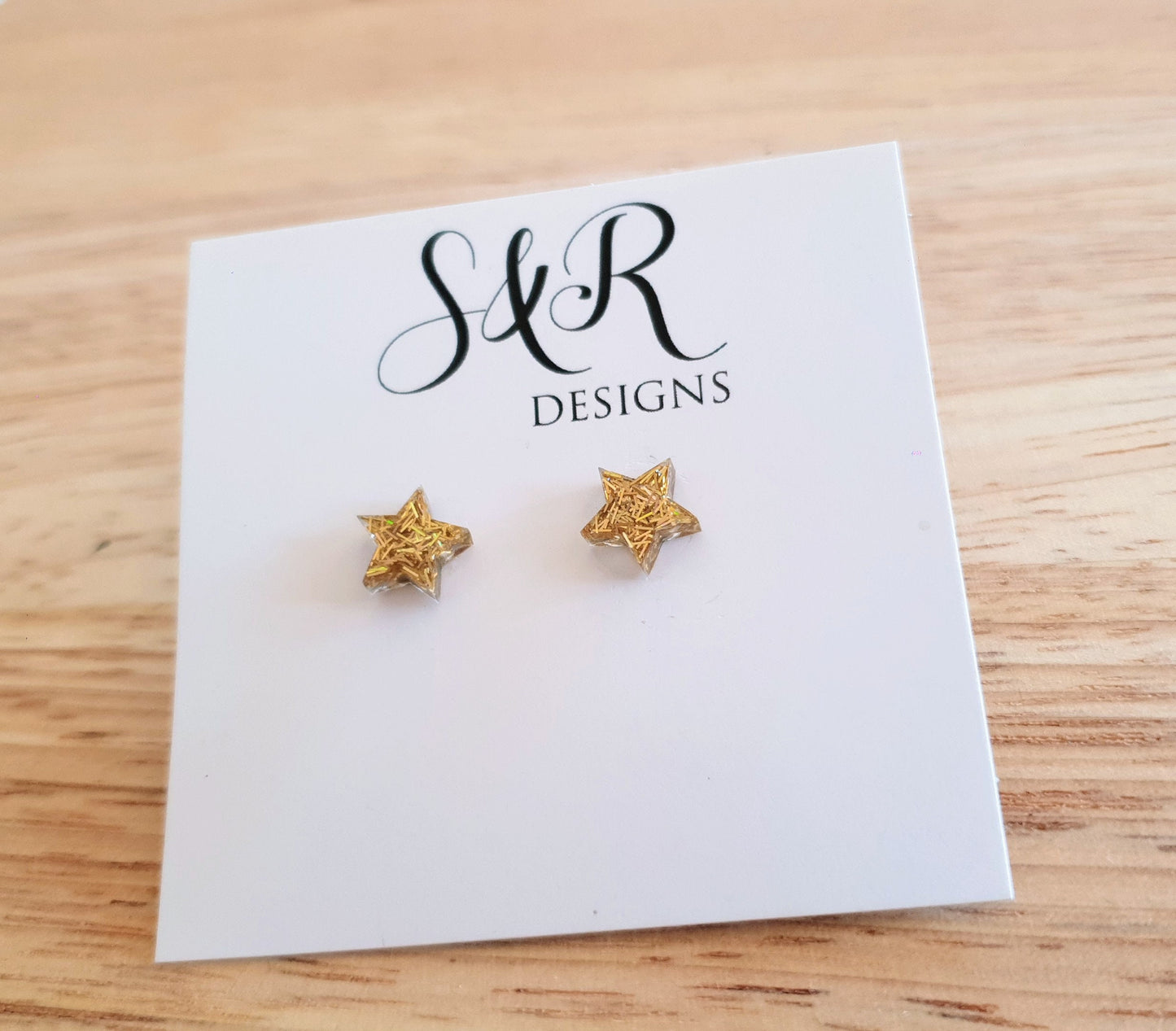 Gold Star Stud Earrings, Holographic Mix Glitter. Stainless Steel Minimalist Jewellery.