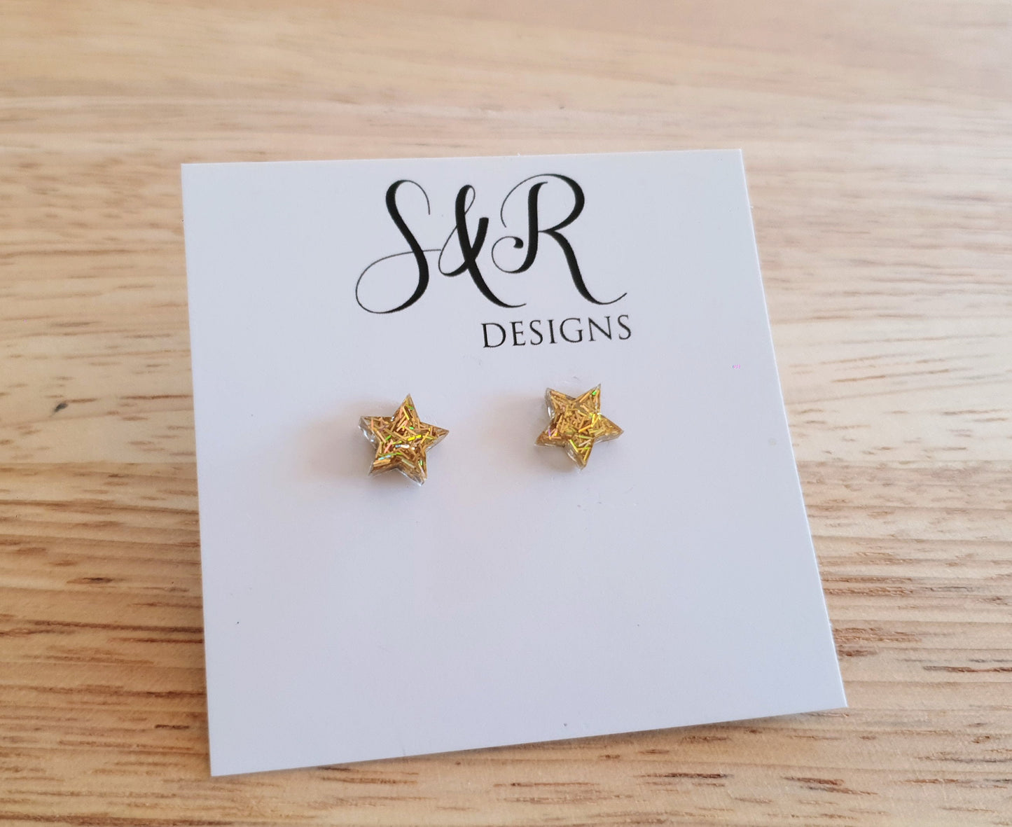 Gold Star Stud Earrings, Holographic Mix Glitter. Stainless Steel Minimalist Jewellery.