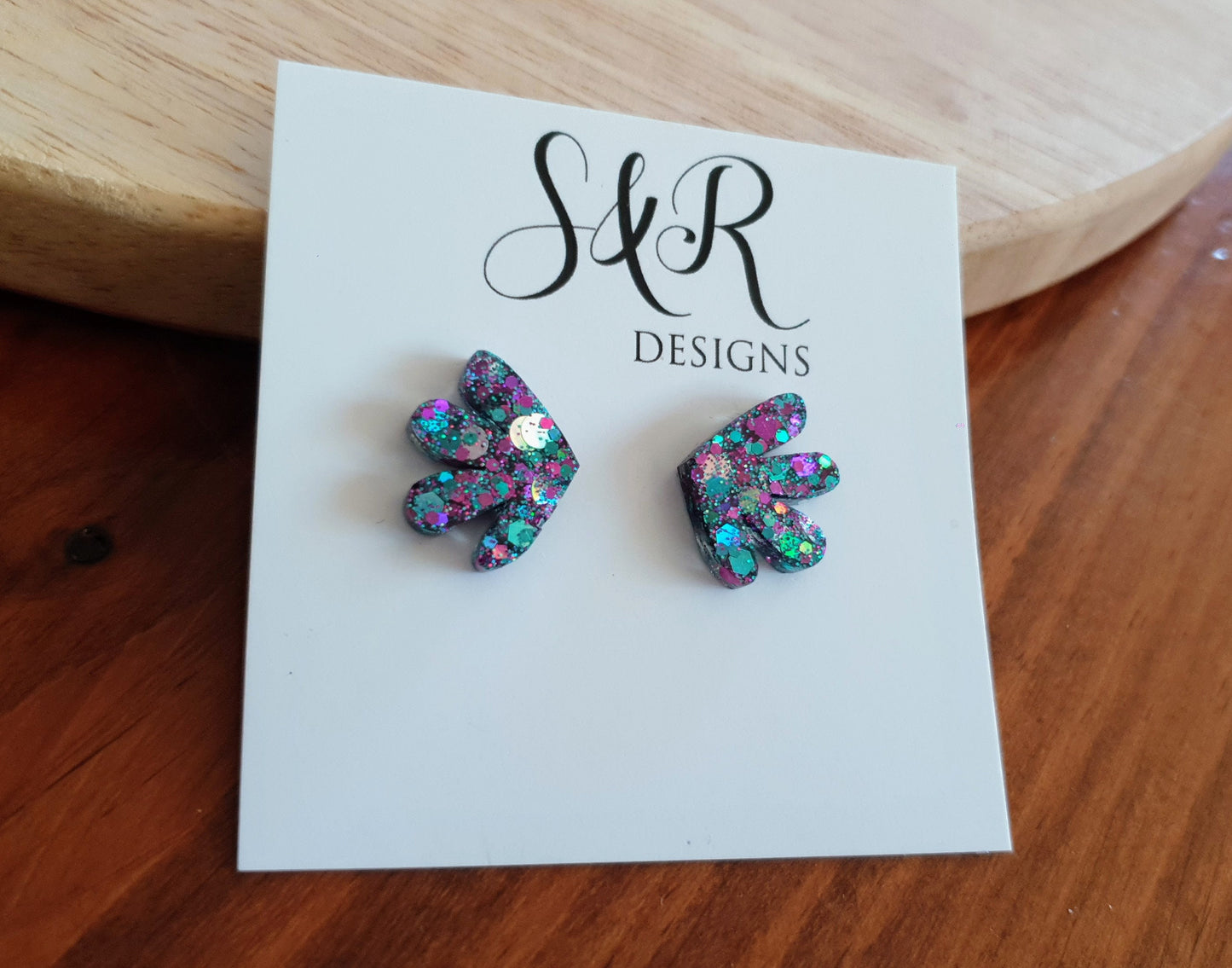 Purple Teal Mix Stud Earrings, Statement Glitter Resin Studs, Minimalist Jewellery, Made with Stainless Steel.