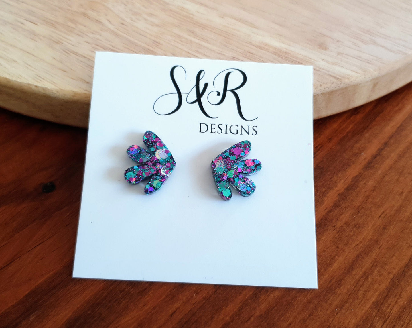 Purple Teal Mix Stud Earrings, Statement Glitter Resin Studs, Minimalist Jewellery, Made with Stainless Steel.