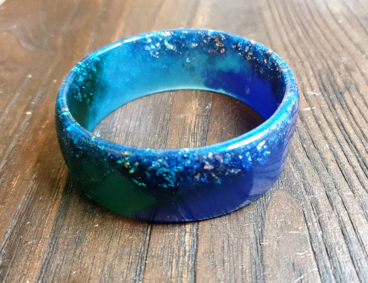 Blue Wide Resin Glitter Bangle, Blue, Aqua Green Resin with Silver and Rosegold Leaf. Handmade Bangle 67mm inner diameter