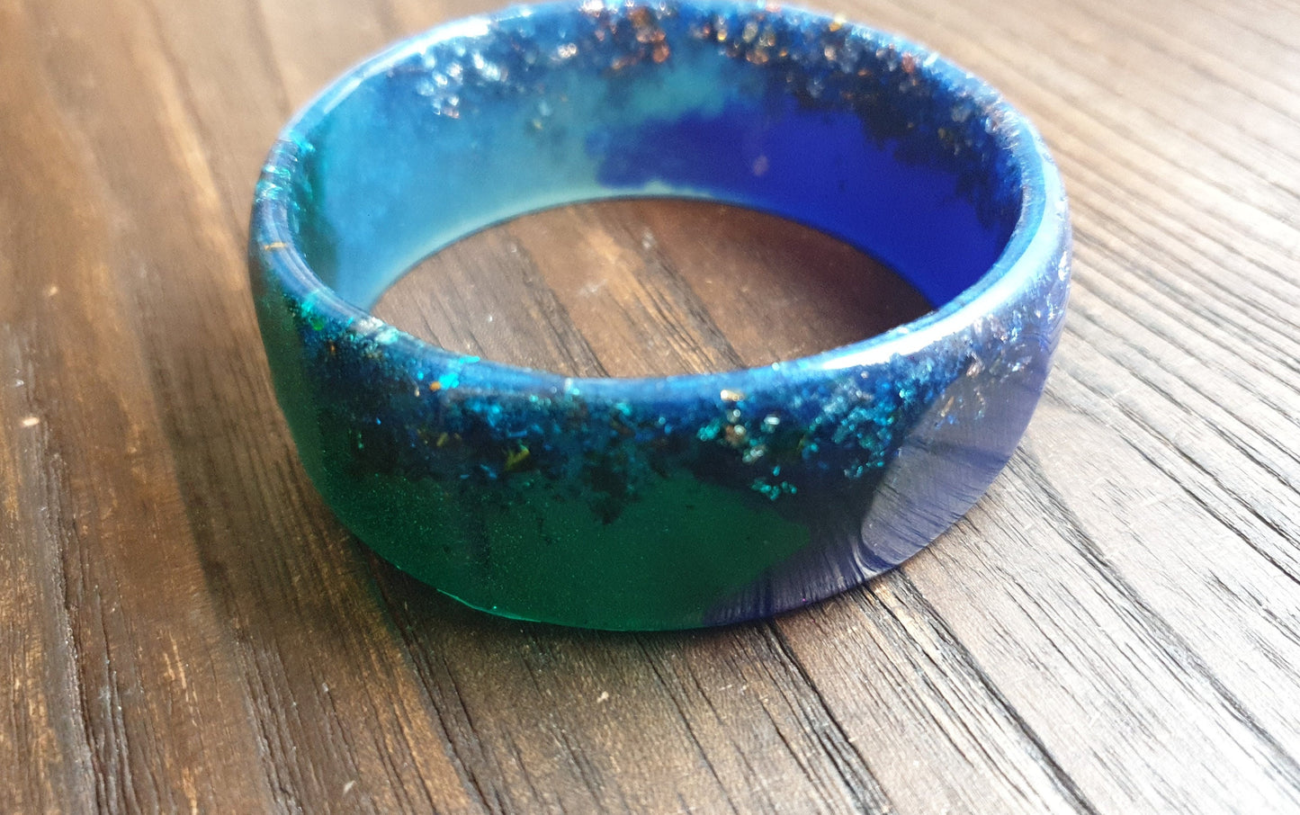 Blue Wide Resin Glitter Bangle, Blue, Aqua Green Resin with Silver and Rosegold Leaf. Handmade Bangle 67mm inner diameter
