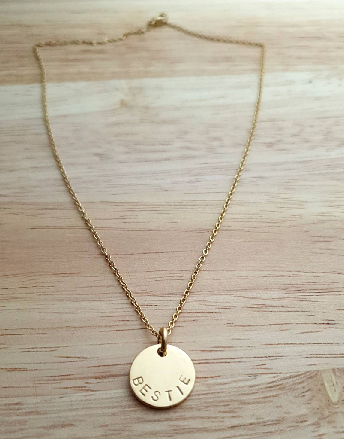 Custom Personalised Hammered Name Necklace, Hammered or Plain Circle Disc Personalized Gift, Hand Stamped, Choose colour. 15mm Shiny Disc