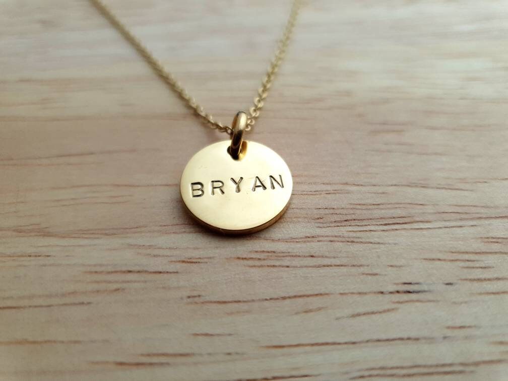 Custom Personalised Hammered Name Necklace, Hammered or Plain Circle Disc Personalized Gift, Hand Stamped, Choose colour. 15mm Shiny Disc