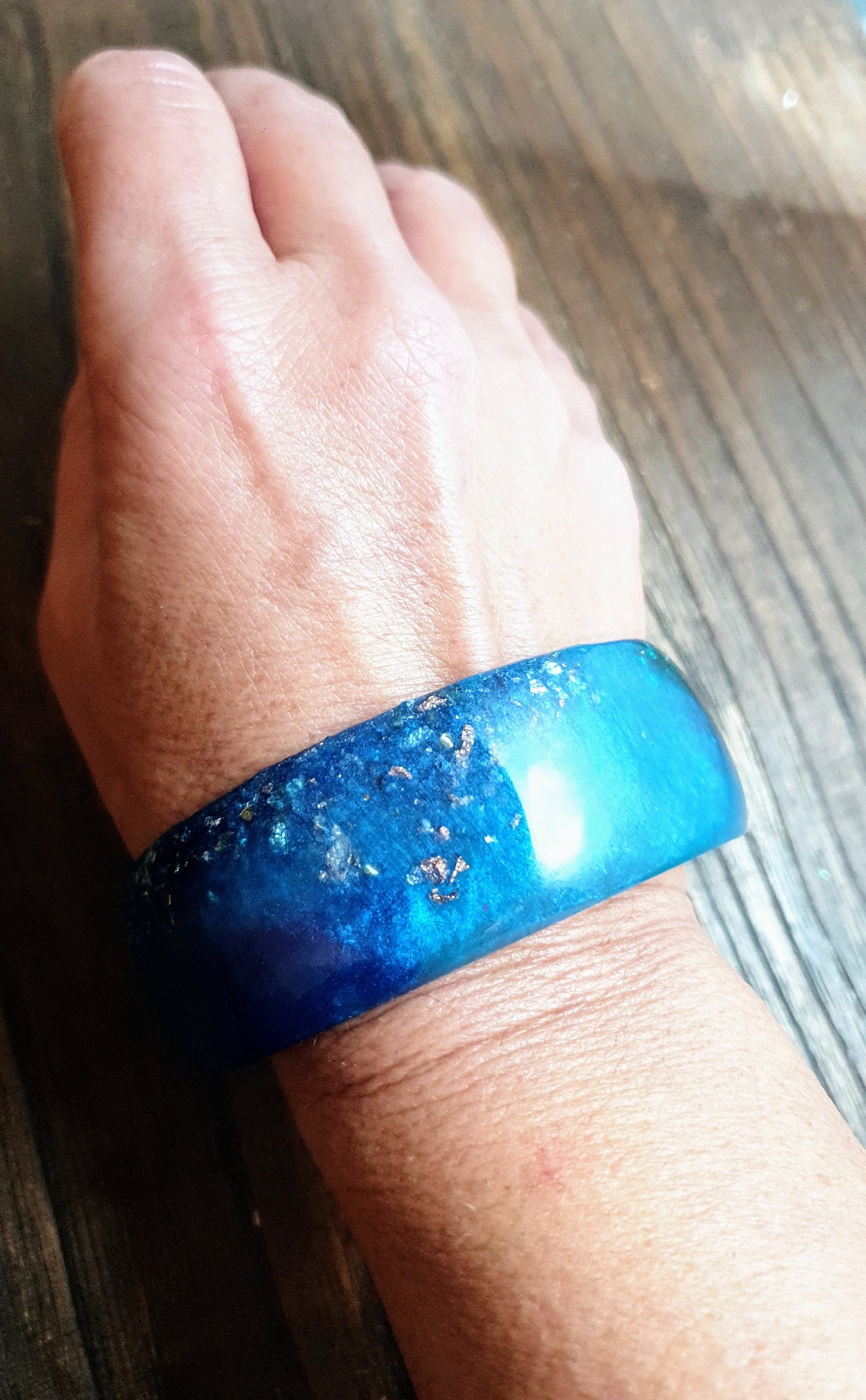 Blue Wide Resin Glitter Bangle, Blue, Aqua Green Resin with Silver and Rosegold Leaf. Handmade Bangle 67mm inner diameter