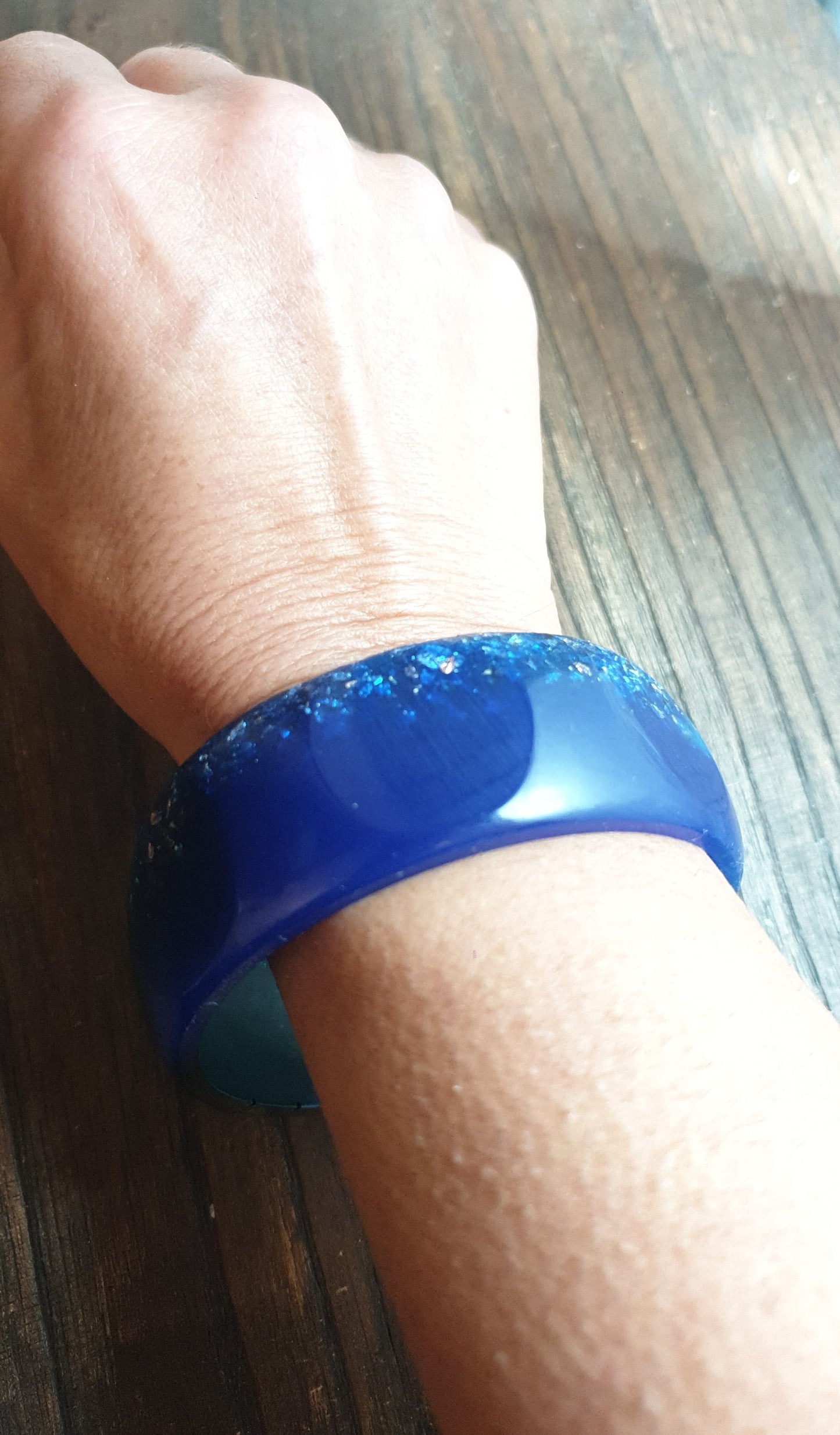 Blue Wide Resin Glitter Bangle, Blue, Aqua Green Resin with Silver and Rosegold Leaf. Handmade Bangle 67mm inner diameter