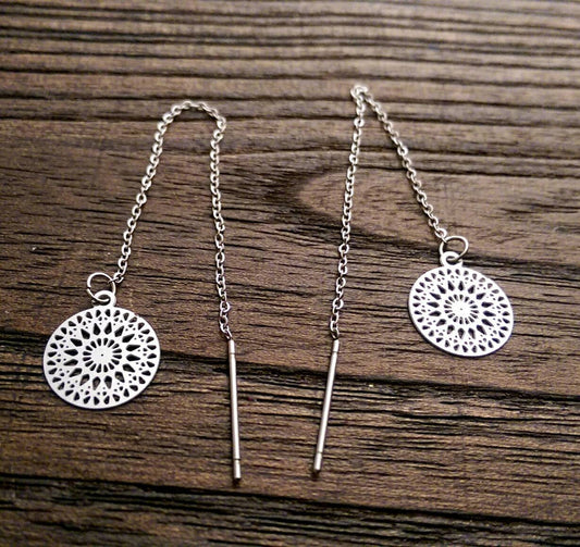 Circle Filigree Stainless Steel Dangle Thread Earrings, Threader Earrings.