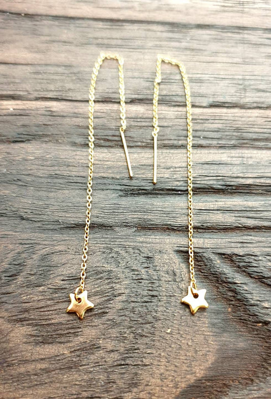 Tiny Star Gold Stainless Steel Dangle Thread Earrings, Gold Thread Earrings, Star threaders