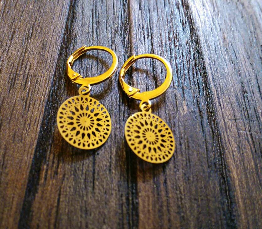 Gold Circle Leverback Earrings, Circle Filigree Gold Stainless Steel Dangle Leverback Earrings.