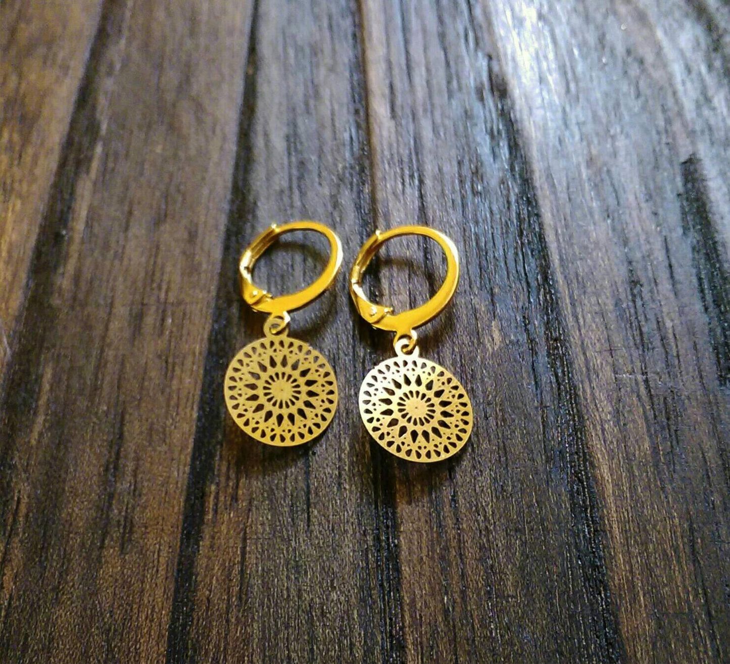 Gold Circle Leverback Earrings, Circle Filigree Gold Stainless Steel Dangle Leverback Earrings.