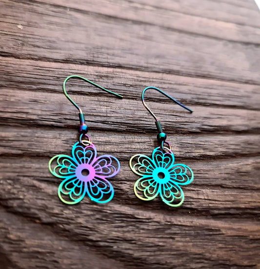 Multicoloured Flower Dangle Earrings, Filigree Silver Stainless Steel Dangle Hook Earrings Anodized or leverback