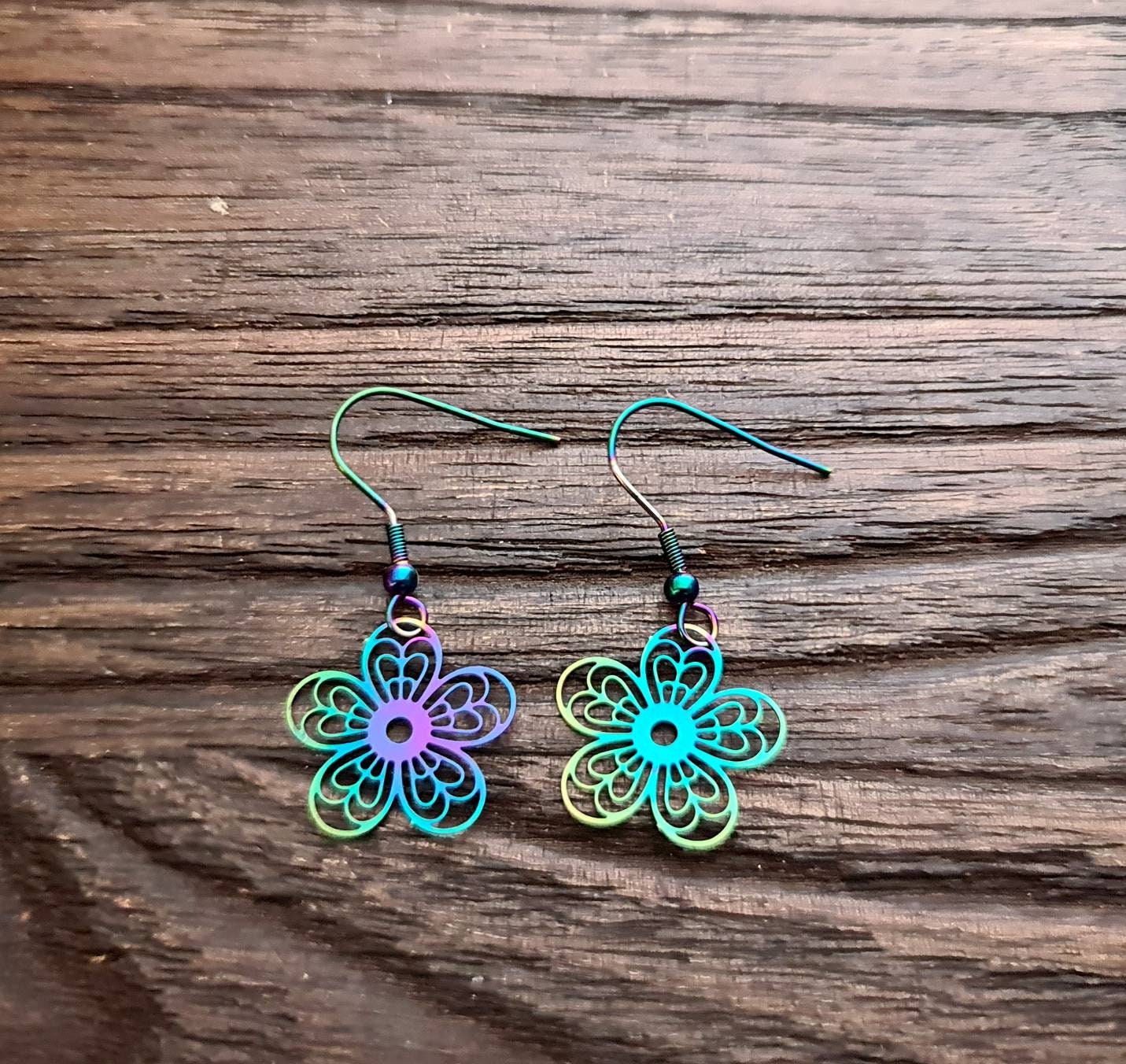 Multicoloured Flower Dangle Earrings, Filigree Silver Stainless Steel Dangle Hook Earrings Anodized or leverback
