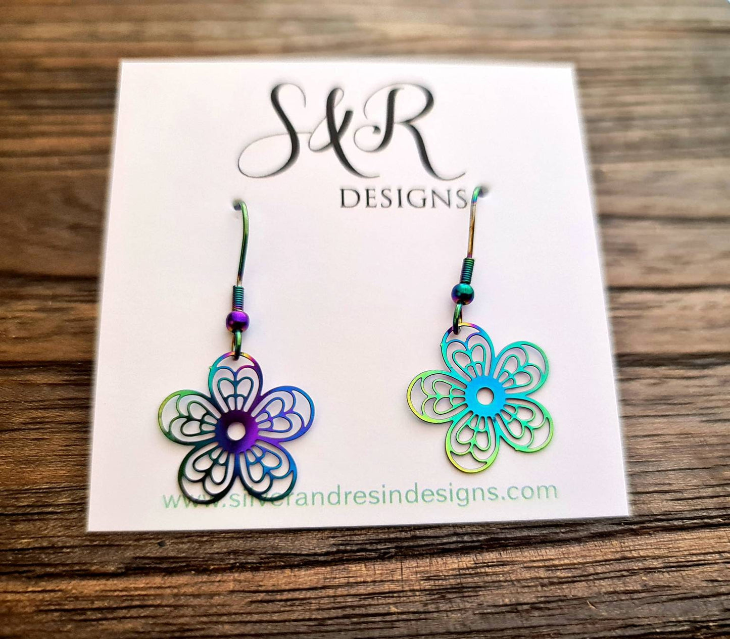 Multicoloured Flower Dangle Earrings, Filigree Silver Stainless Steel Dangle Hook Earrings Anodized or leverback